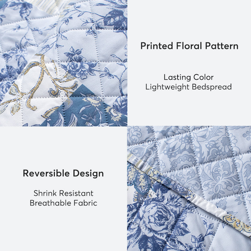 Kasentex Vintage Blue Patchwork Floral Quilt Set - All Season Bedding, Room Decor, Graduation Gifts