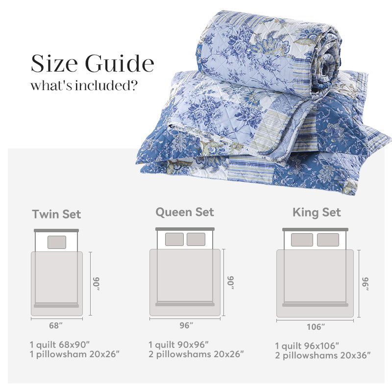 Kasentex Vintage Blue Patchwork Floral Quilt Set - All Season Bedding, Room Decor, Graduation Gifts