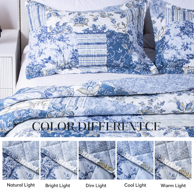 Kasentex Vintage Blue Patchwork Floral Quilt Set - All Season Bedding, Room Decor, Graduation Gifts