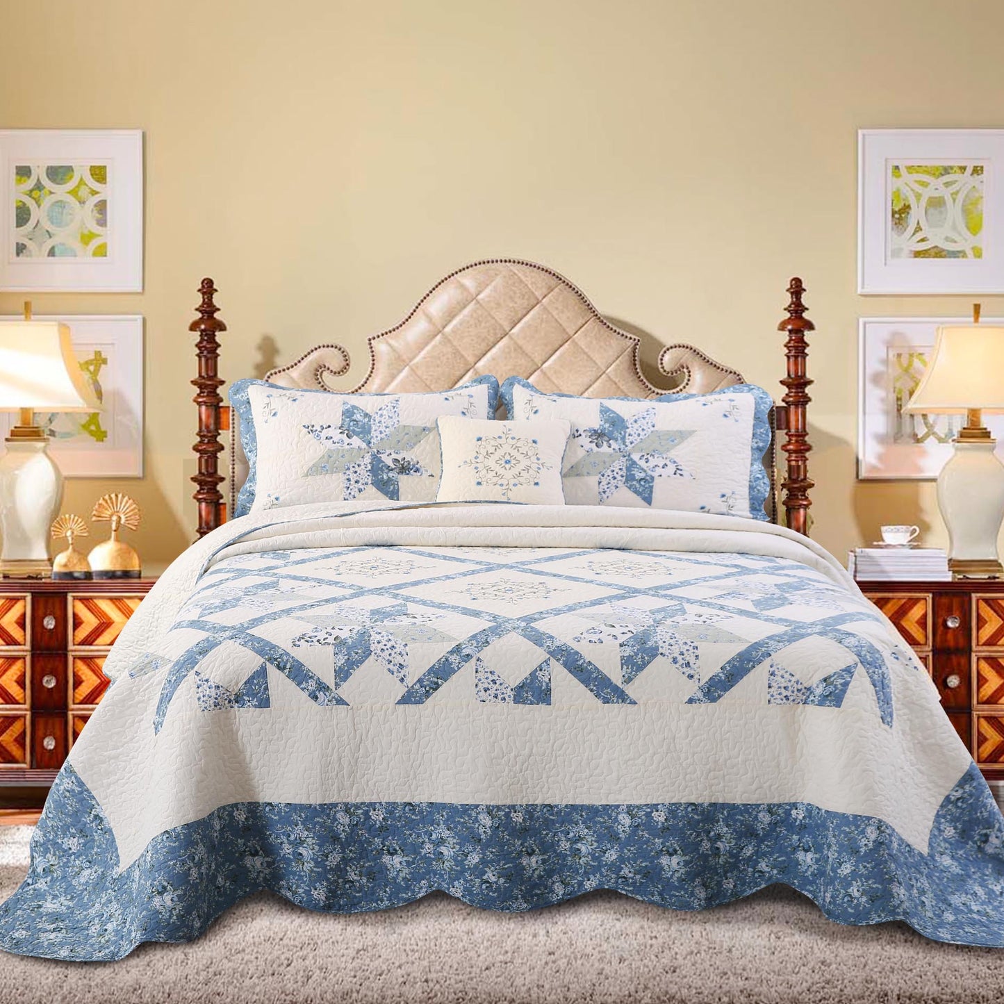 Kasentex 100% Cotton Summer Star Design Embroidered Patchwork Bedspread, Multi Blue