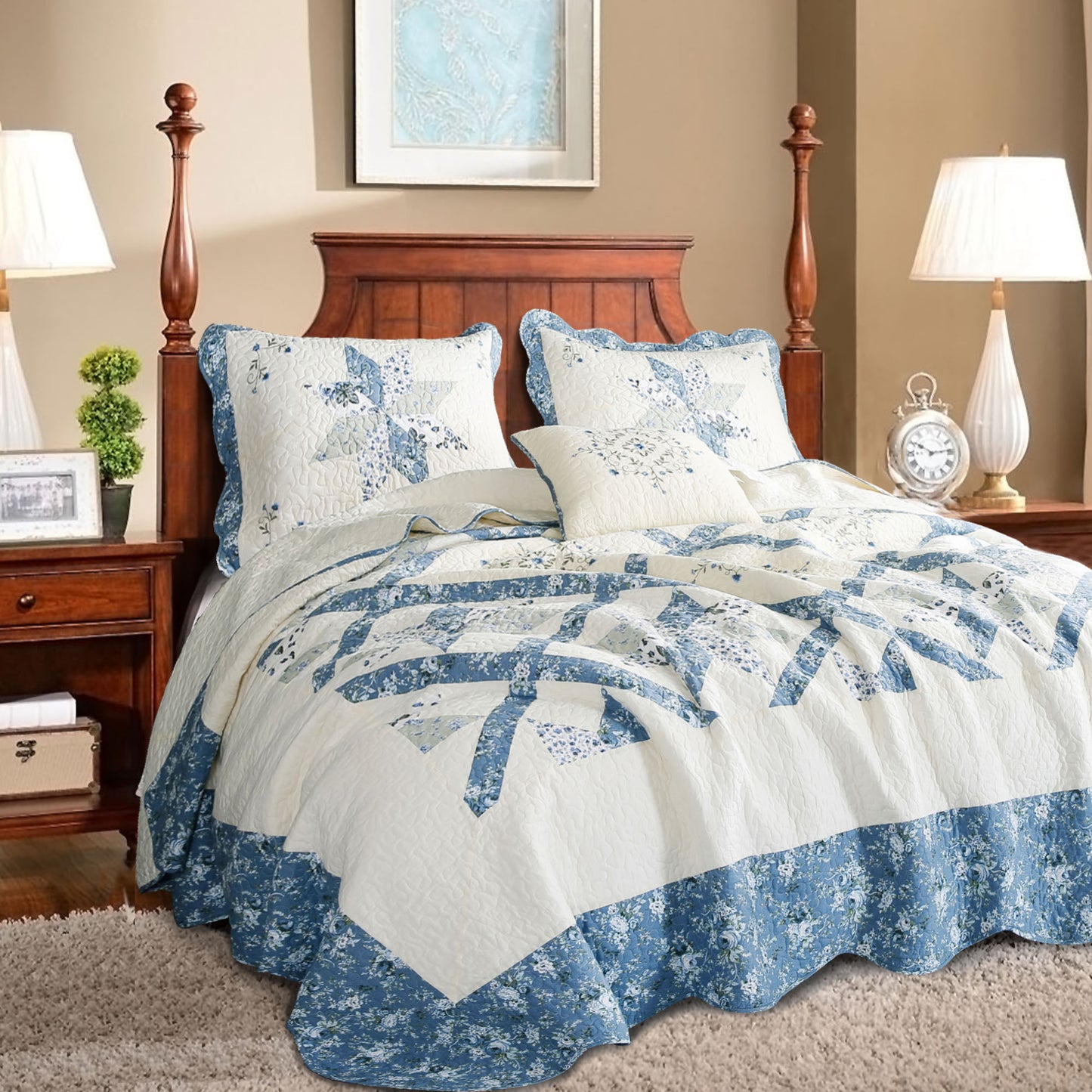 Kasentex 100% Cotton Summer Star Design Embroidered Patchwork Bedspread, Multi Blue