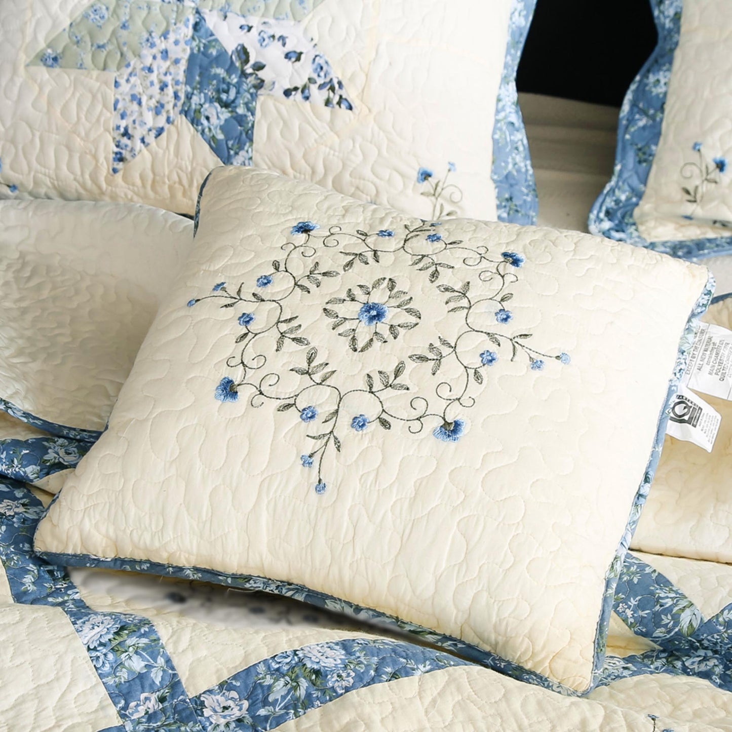 Kasentex 100% Cotton Summer Star Design Embroidered Patchwork Bedspread, Multi Blue