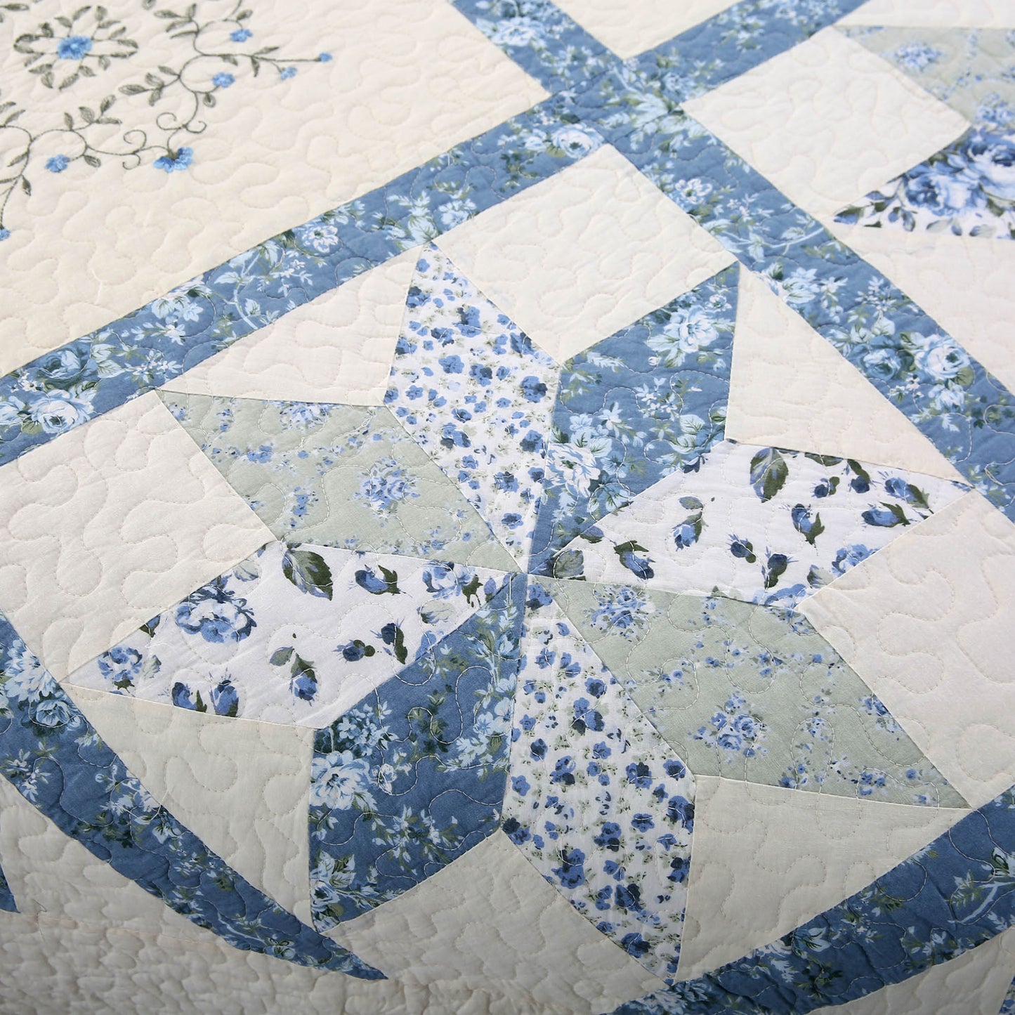 Kasentex 100% Cotton Summer Star Design Embroidered Patchwork Bedspread, Multi Blue