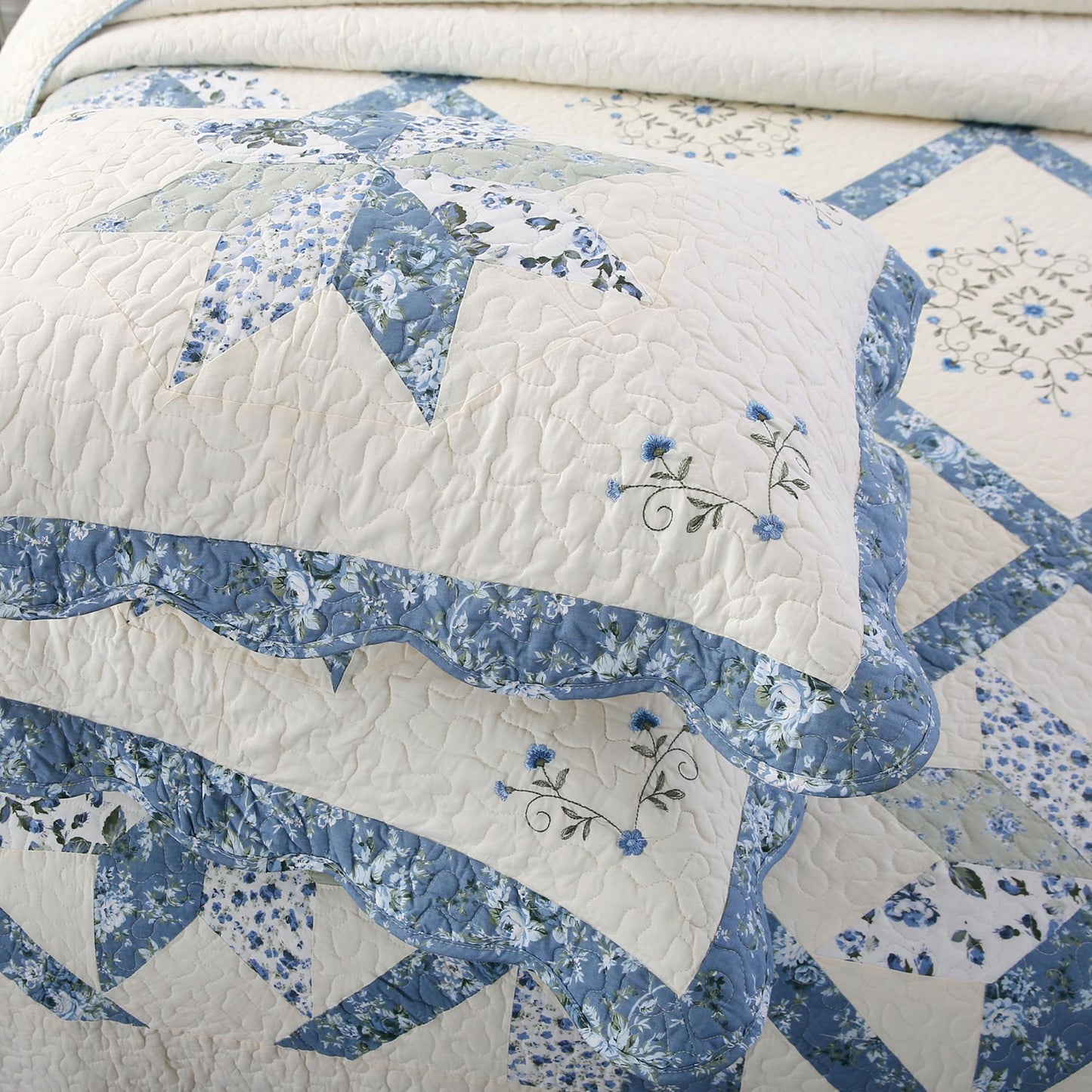 Kasentex 100% Cotton Summer Star Design Embroidered Patchwork Bedspread, Multi Blue