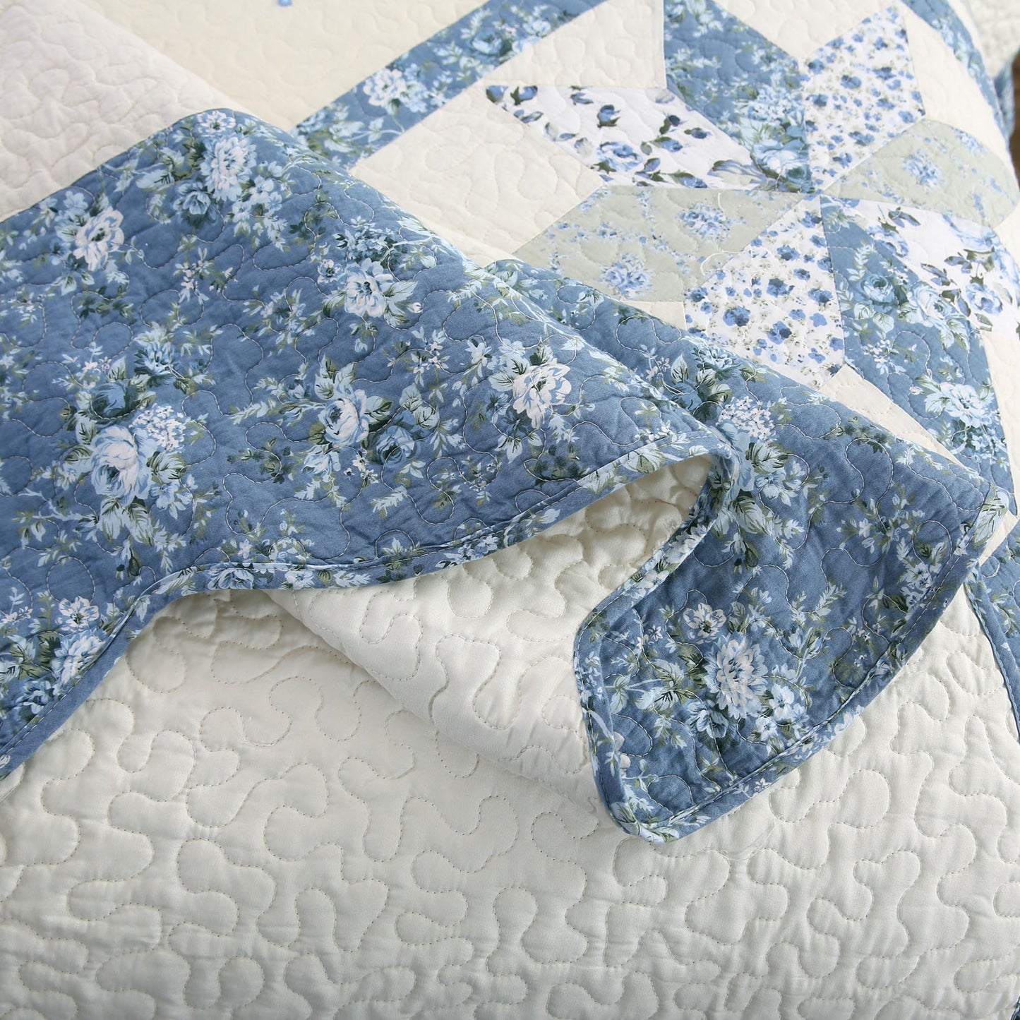 Kasentex 100% Cotton Summer Star Design Embroidered Patchwork Bedspread, Multi Blue