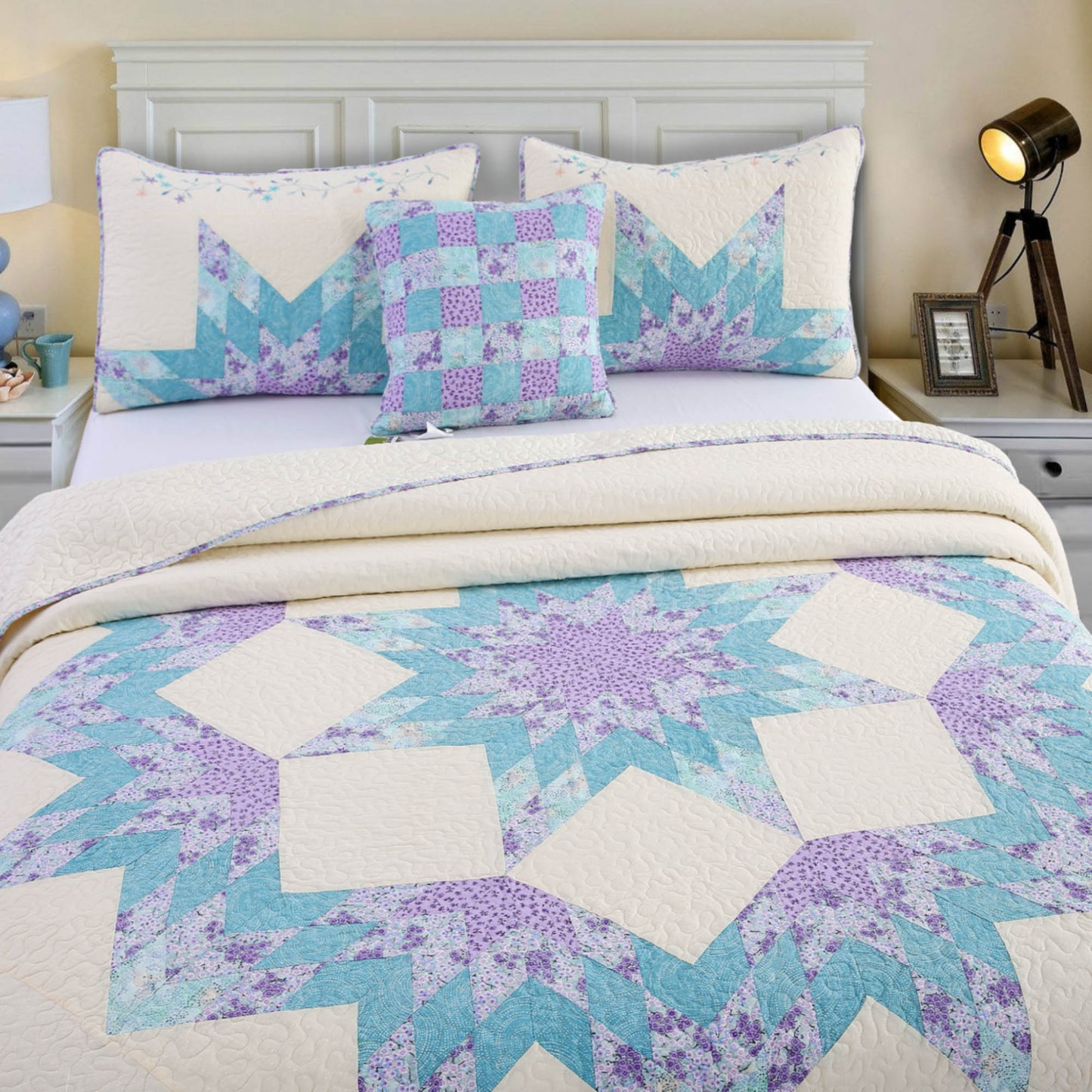 Kasentex 100% Cotton Summer Star Design Embroidered Patchwork Bedspread, Multi Blue