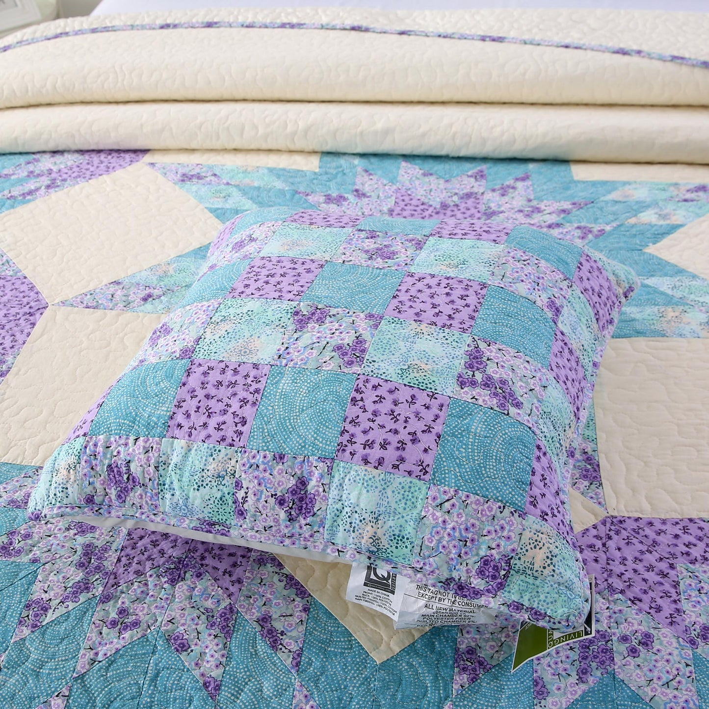 Kasentex 100% Cotton Summer Star Design Embroidered Patchwork Bedspread, Multi Blue