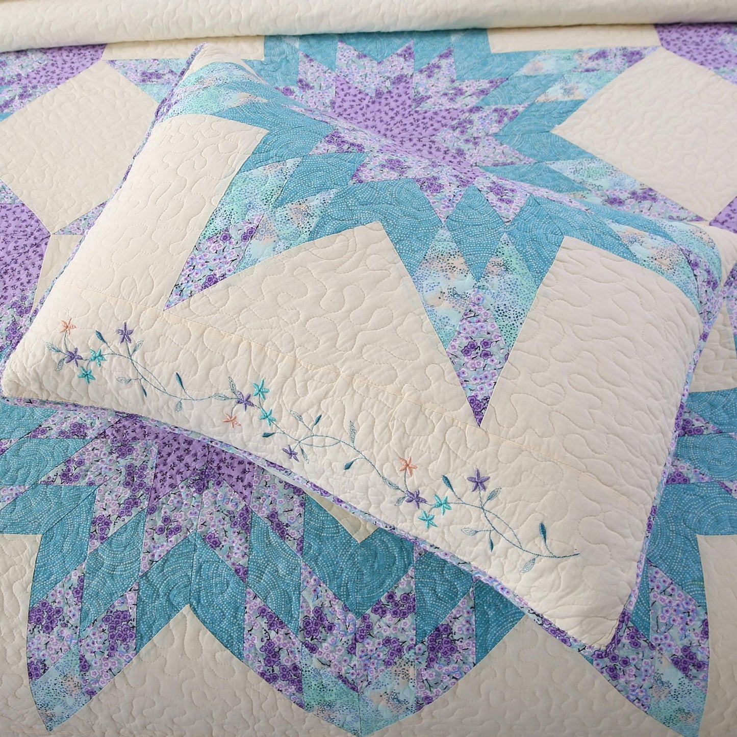 Kasentex 100% Cotton Summer Star Design Embroidered Patchwork Bedspread, Multi Blue