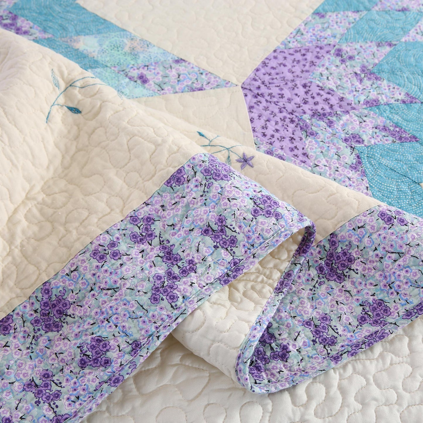 Kasentex 100% Cotton Summer Star Design Embroidered Patchwork Bedspread, Multi Blue