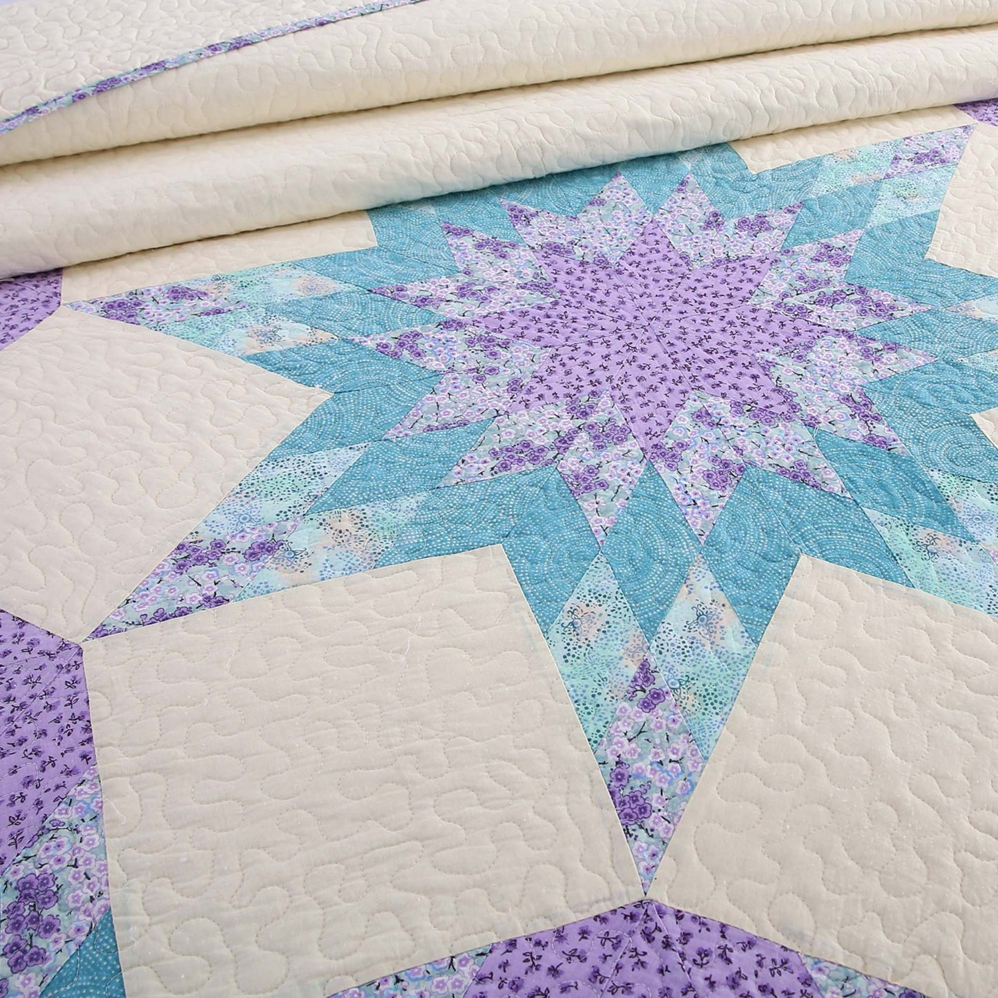 Kasentex 100% Cotton Summer Star Design Embroidered Patchwork Bedspread, Multi Blue