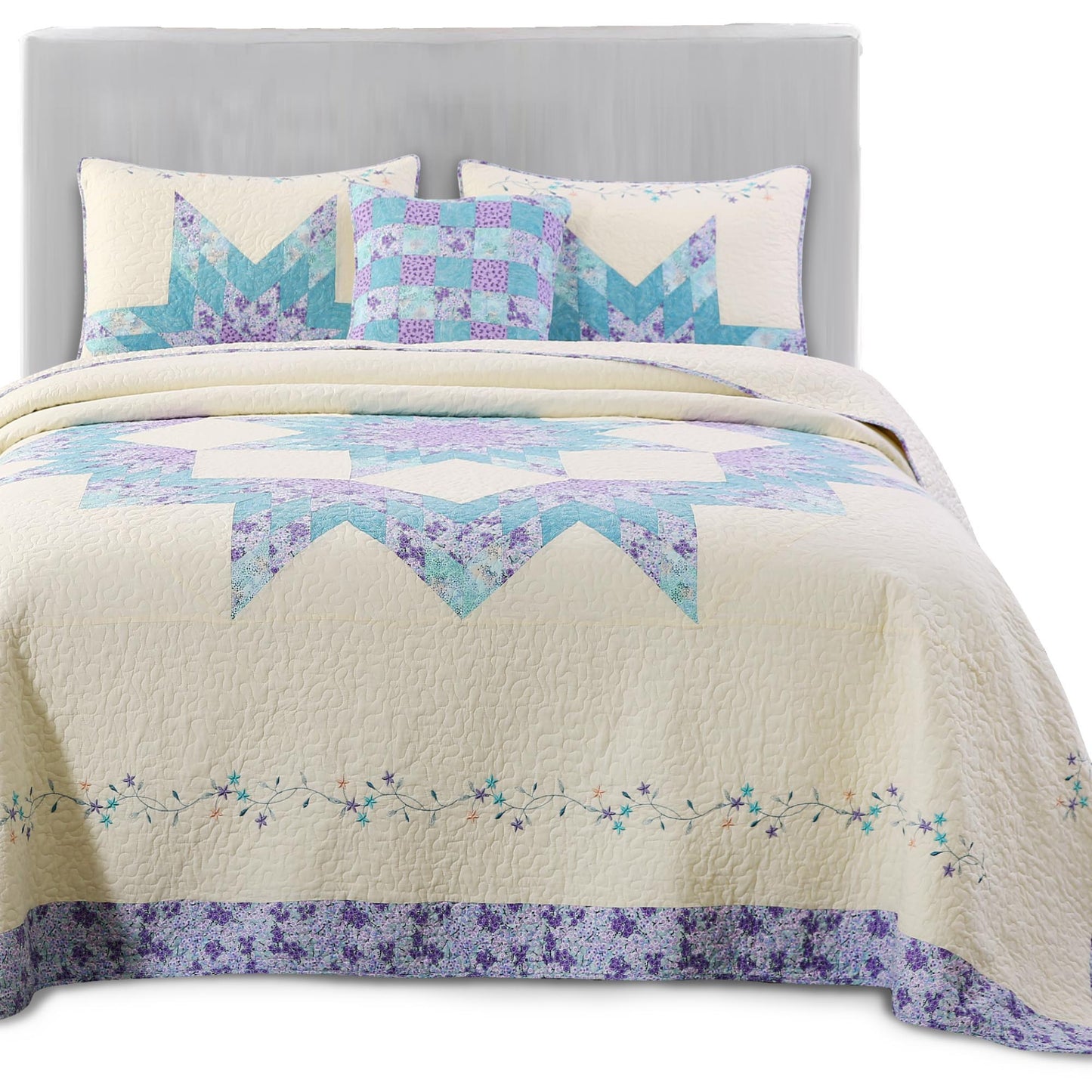 Kasentex 100% Cotton Summer Star Design Embroidered Patchwork Bedspread, Multi Blue