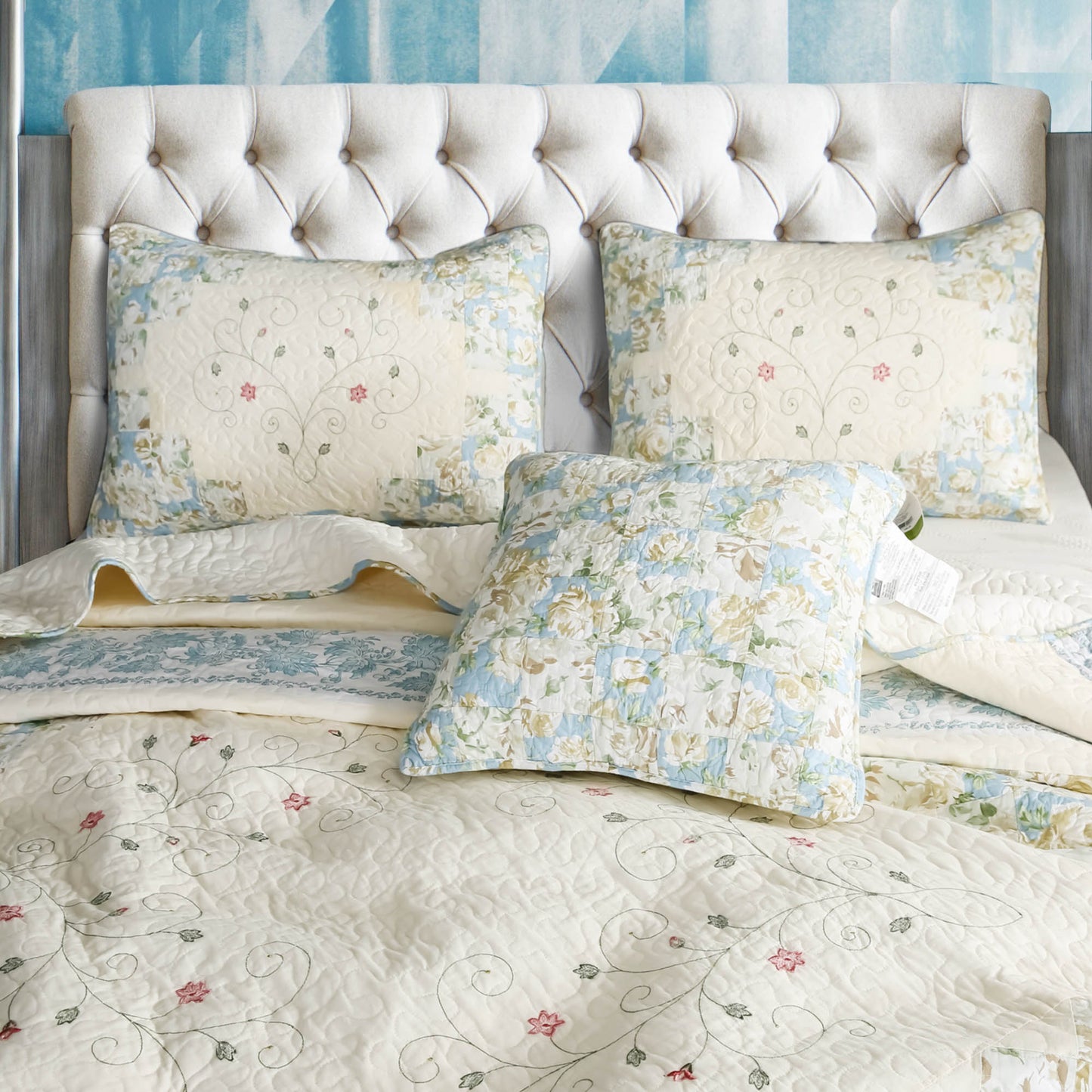 Kasentex 100% Cotton Summer Star Design Embroidered Patchwork Bedspread, Multi Blue