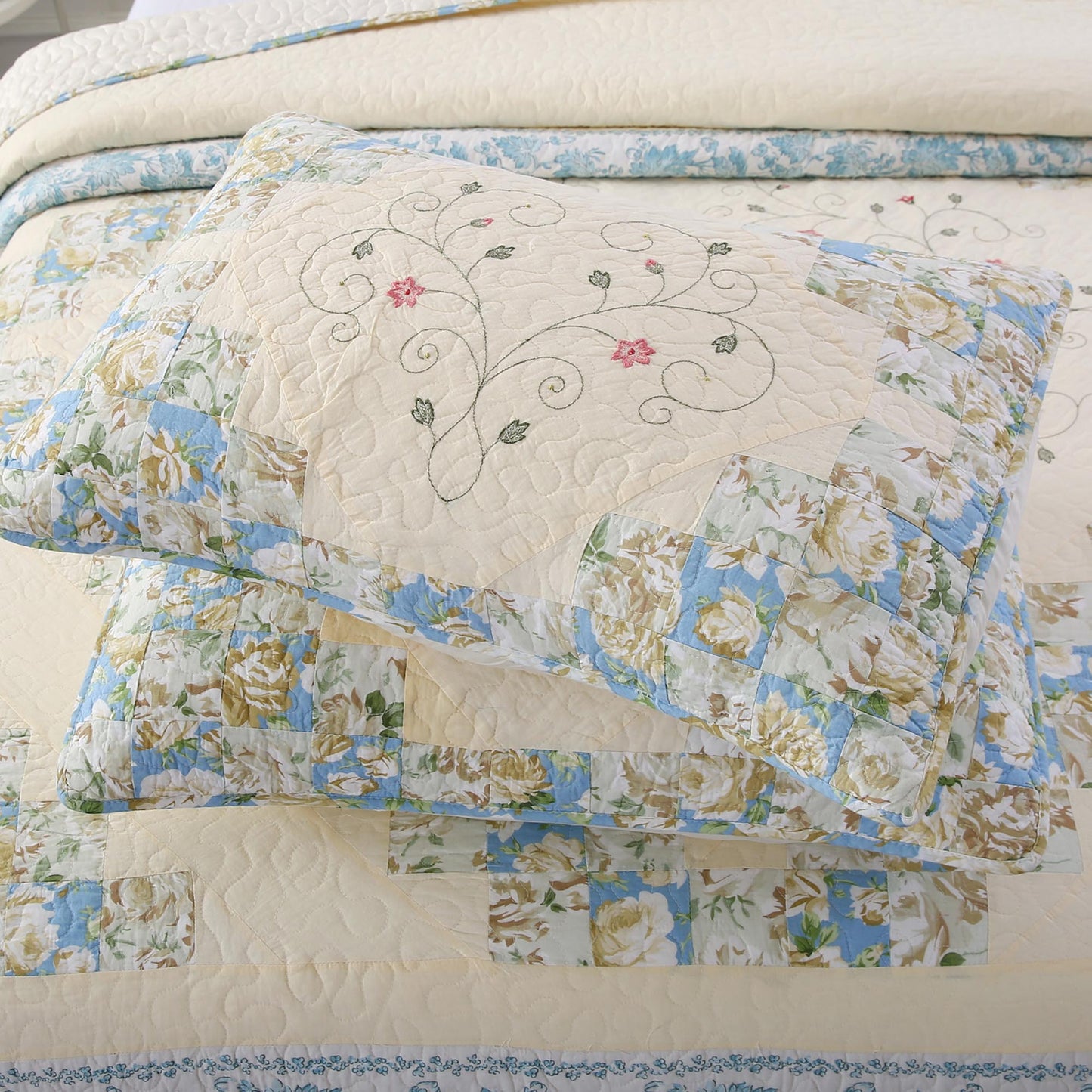 Kasentex 100% Cotton Summer Star Design Embroidered Patchwork Bedspread, Multi Blue