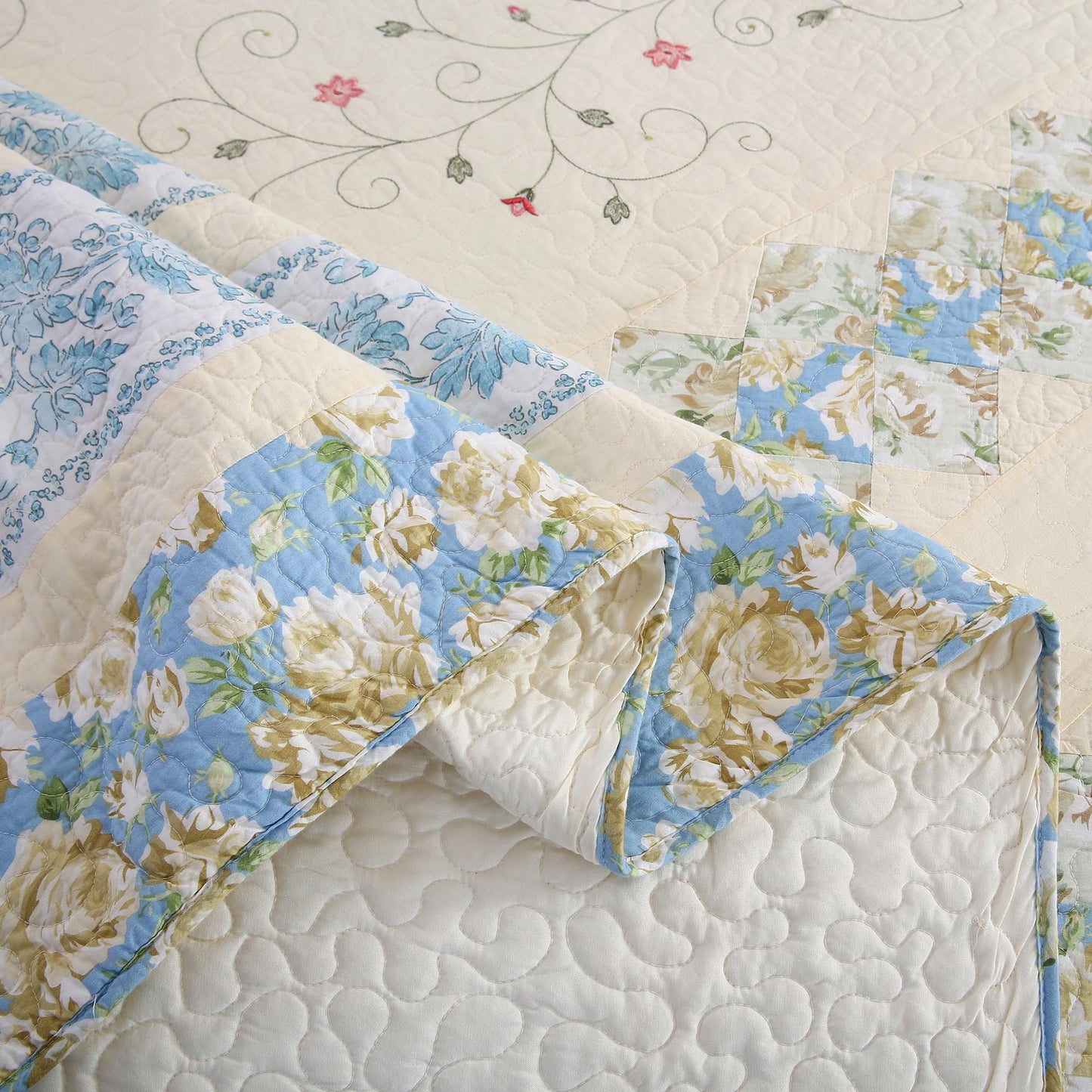 Kasentex 100% Cotton Summer Star Design Embroidered Patchwork Bedspread, Multi Blue