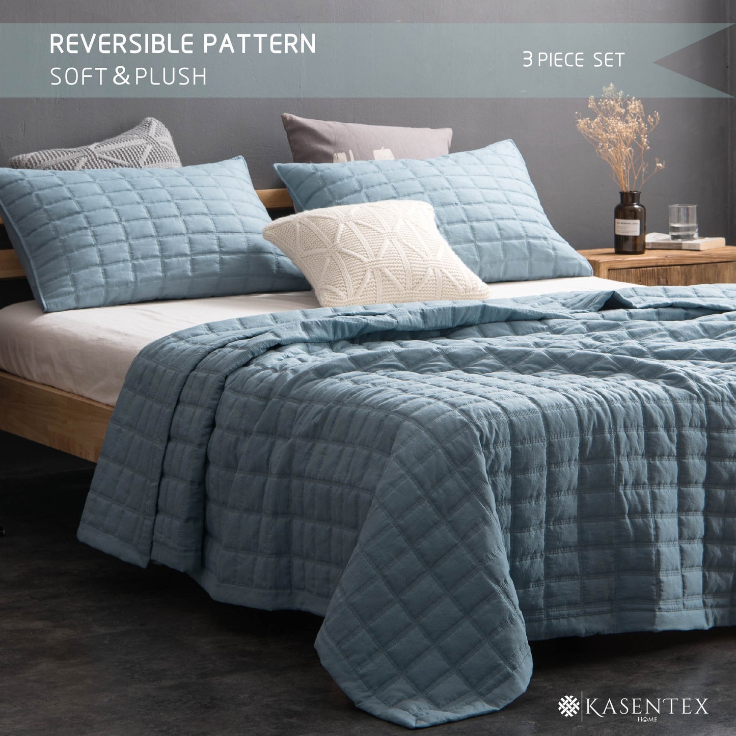 Kasentex Lavish Style Stone-Washed Ultra Soft Box Stitched Lightweight Quilt Set, Pink, Grey, Blue, Room Decor, Graduation Gifts