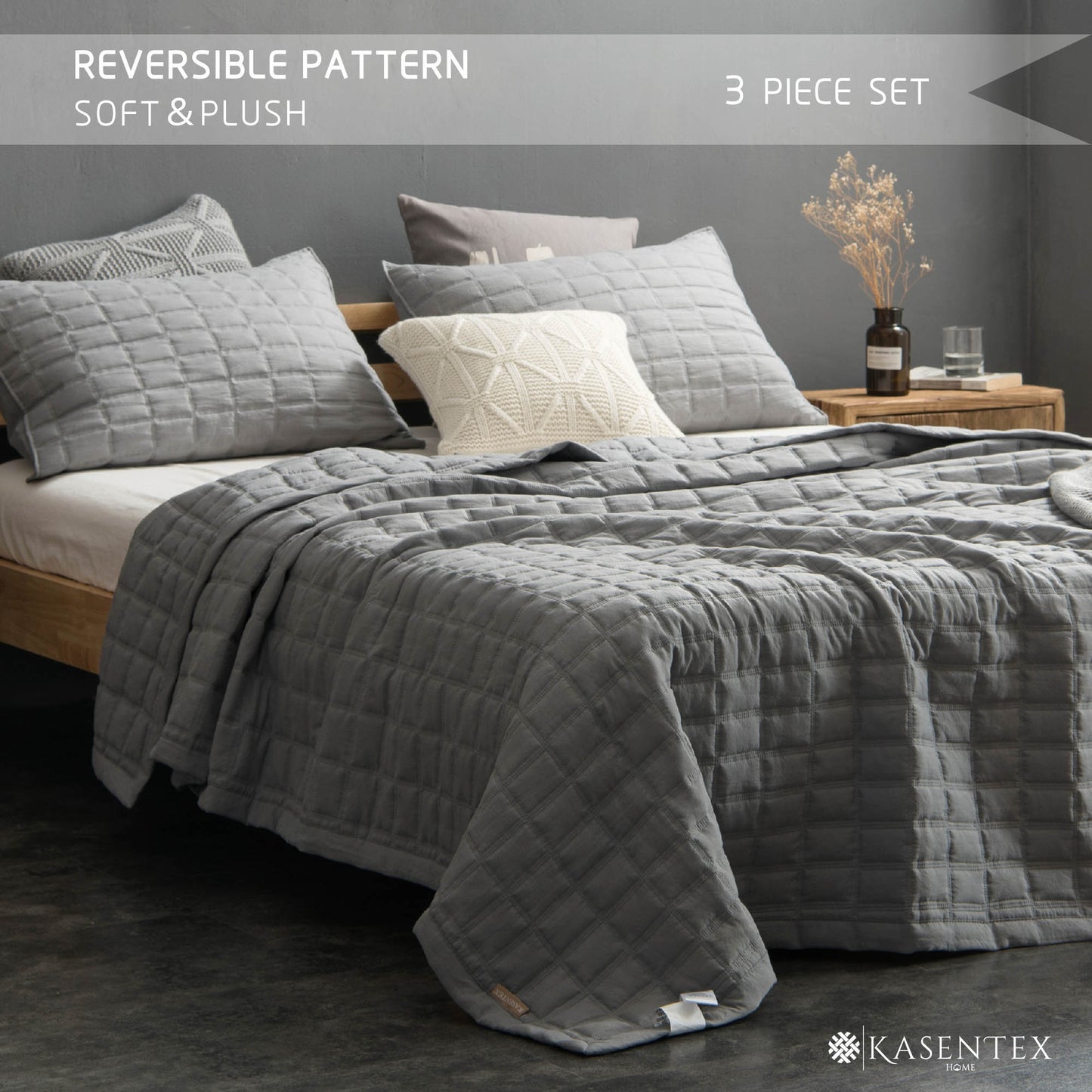 Kasentex Lavish Style Stone-Washed Ultra Soft Box Stitched Lightweight Quilt Set, Pink, Grey, Blue, Room Decor, Graduation Gifts