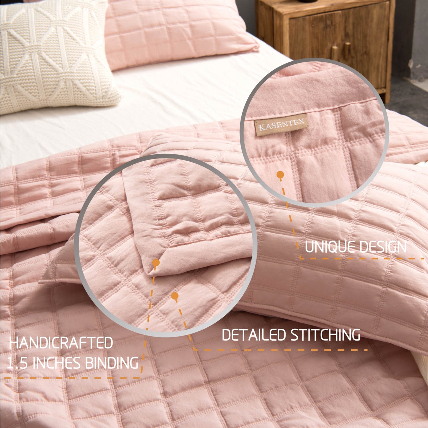 Kasentex Lavish Style Stone-Washed Ultra Soft Box Stitched Lightweight Quilt Set, Pink, Grey, Blue, Room Decor, Graduation Gifts