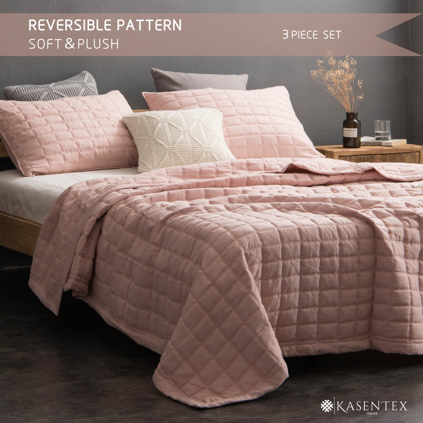 Kasentex Lavish Style Stone-Washed Ultra Soft Box Stitched Lightweight Quilt Set, Pink, Grey, Blue, Room Decor, Graduation Gifts