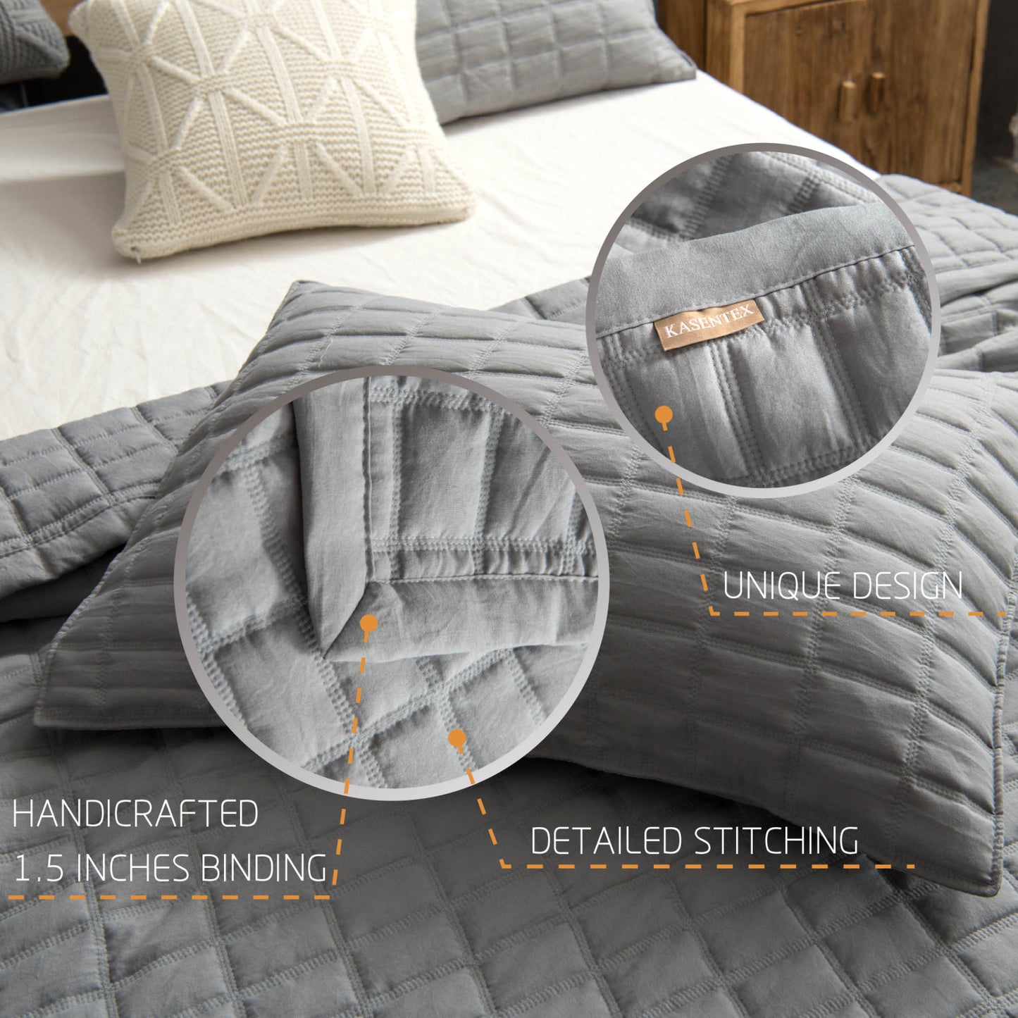 Kasentex Lavish Style Stone-Washed Ultra Soft Box Stitched Lightweight Quilt Set, Pink, Grey, Blue, Room Decor, Graduation Gifts