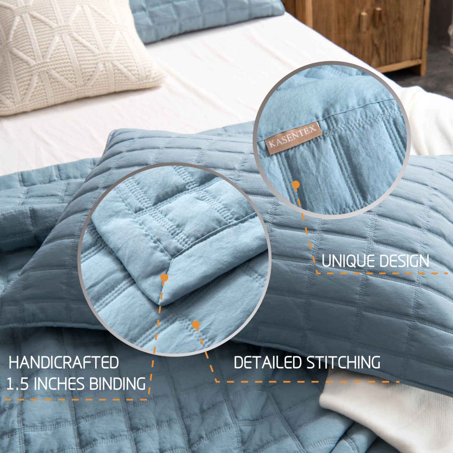 Kasentex Lavish Style Stone-Washed Ultra Soft Box Stitched Lightweight Quilt Set, Pink, Grey, Blue, Room Decor, Graduation Gifts