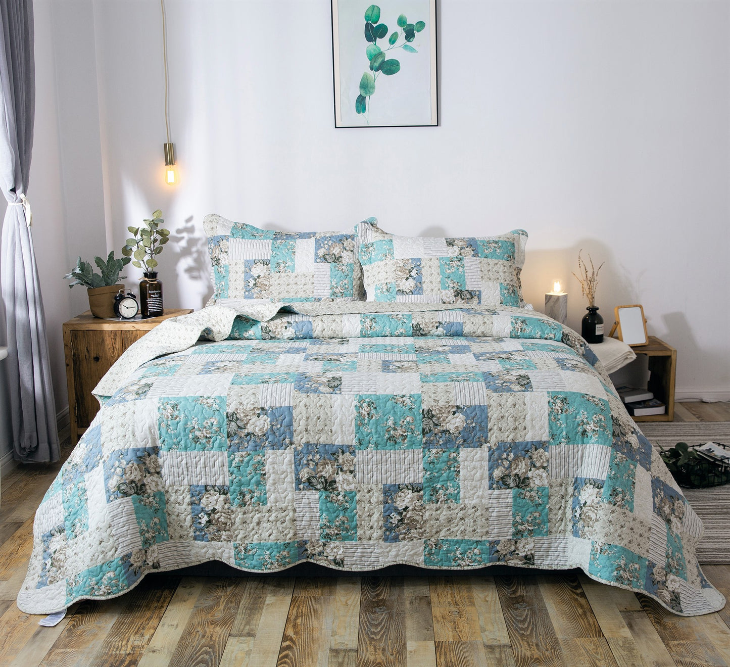 Kasentex Country-Chic Print Pre-Washed Quilt Set Microfiber Fabric. Aqua Green - Kasentex