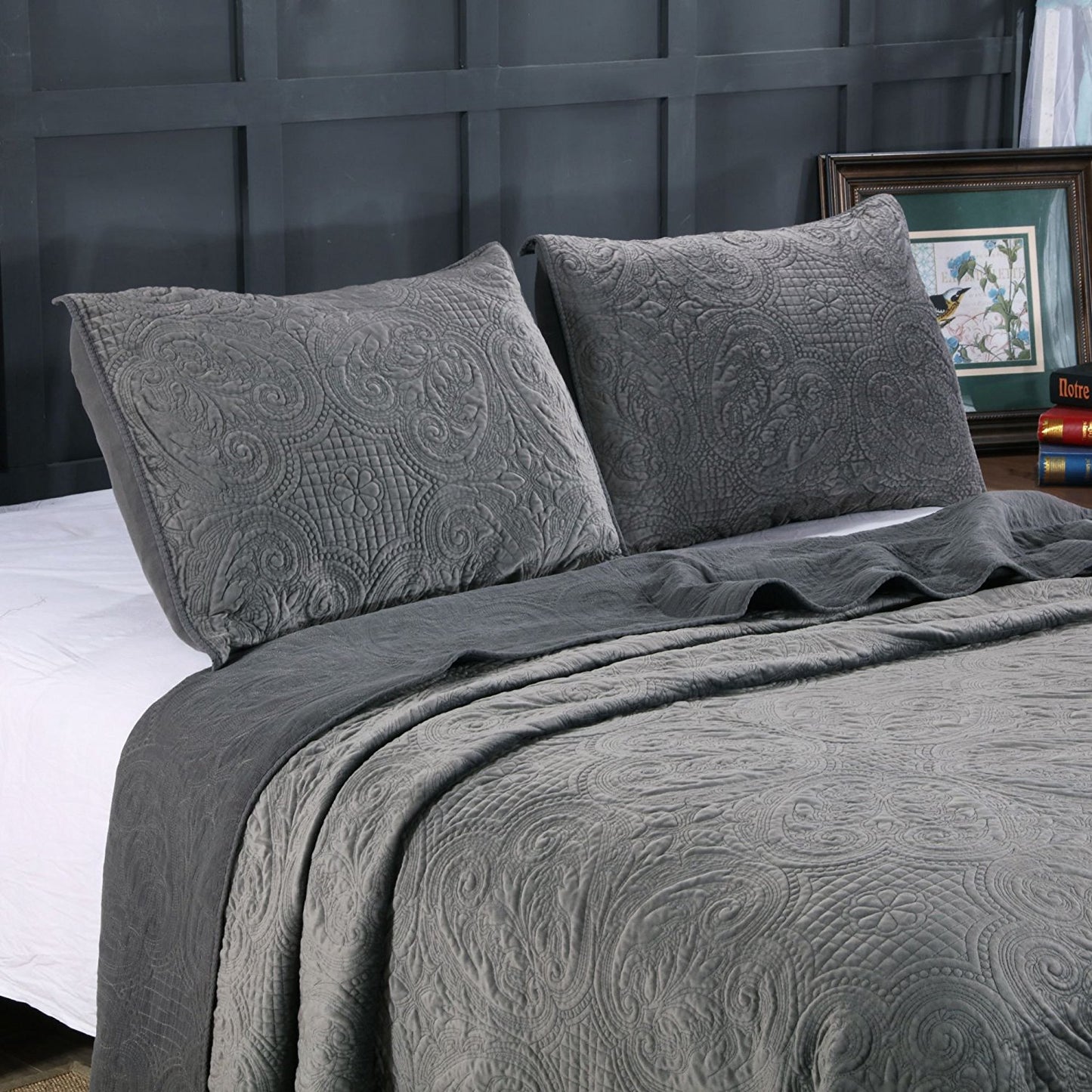 Kasentex Stonewashed Embroidered Floral Design Quilt Set with Pillow Shams, Grey or Blue