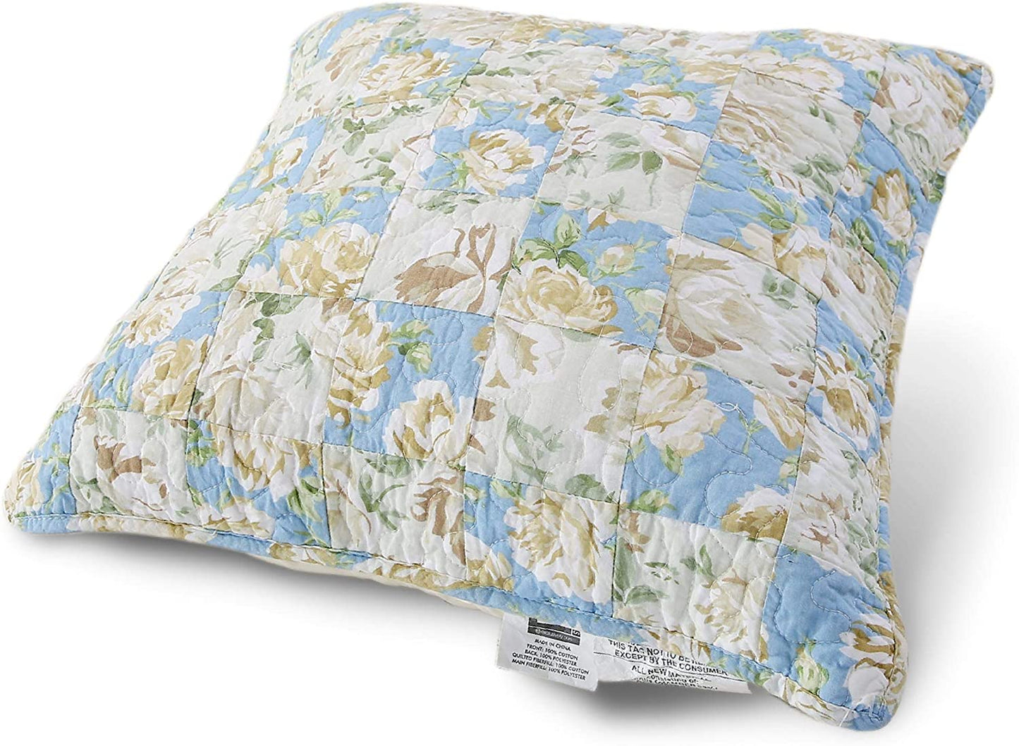 Kasentex 100% Cotton Floral Patchwork Throw Pillow, Blue and Beige