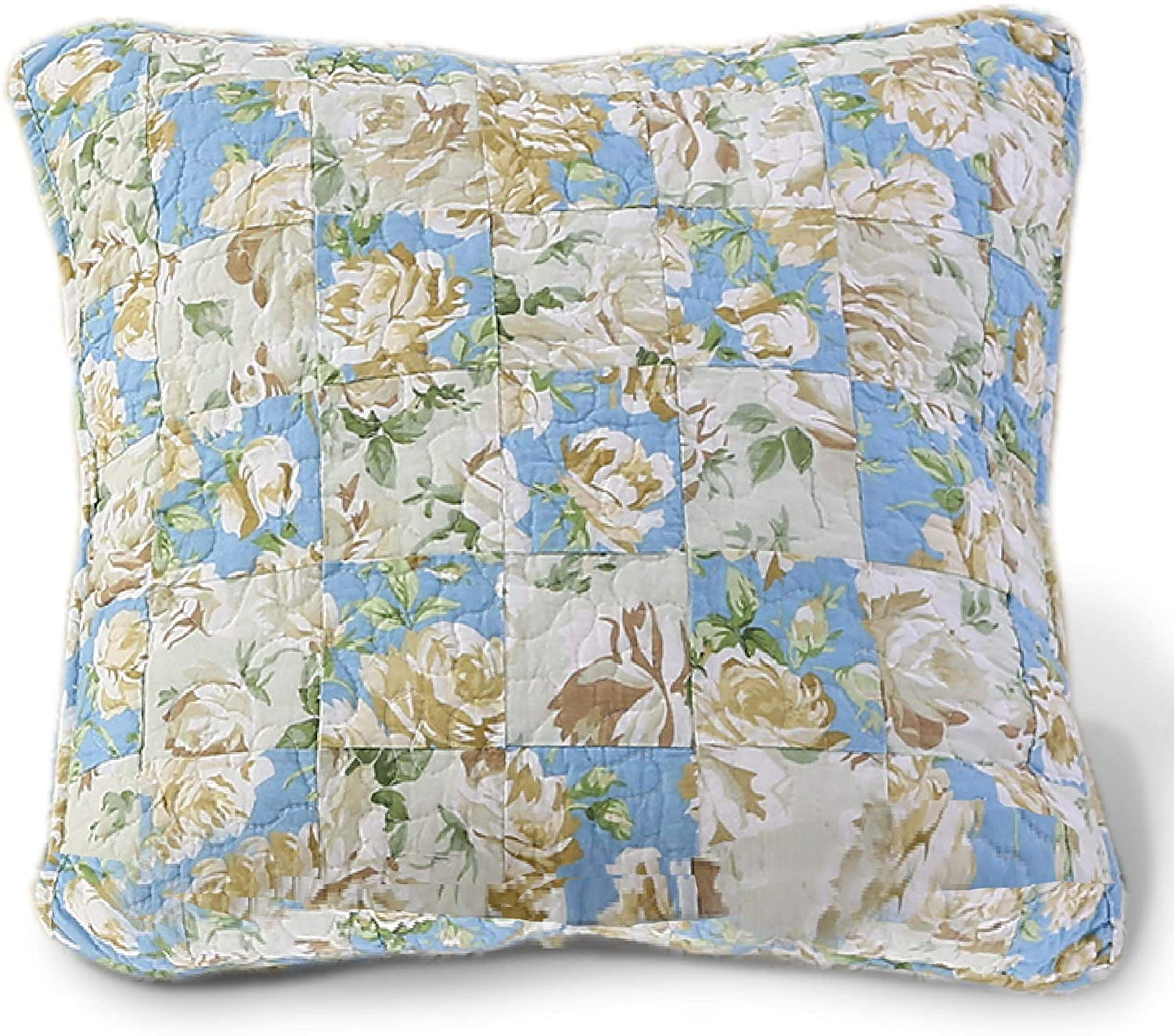 Kasentex 100% Cotton Floral Patchwork Throw Pillow, Blue and Beige
