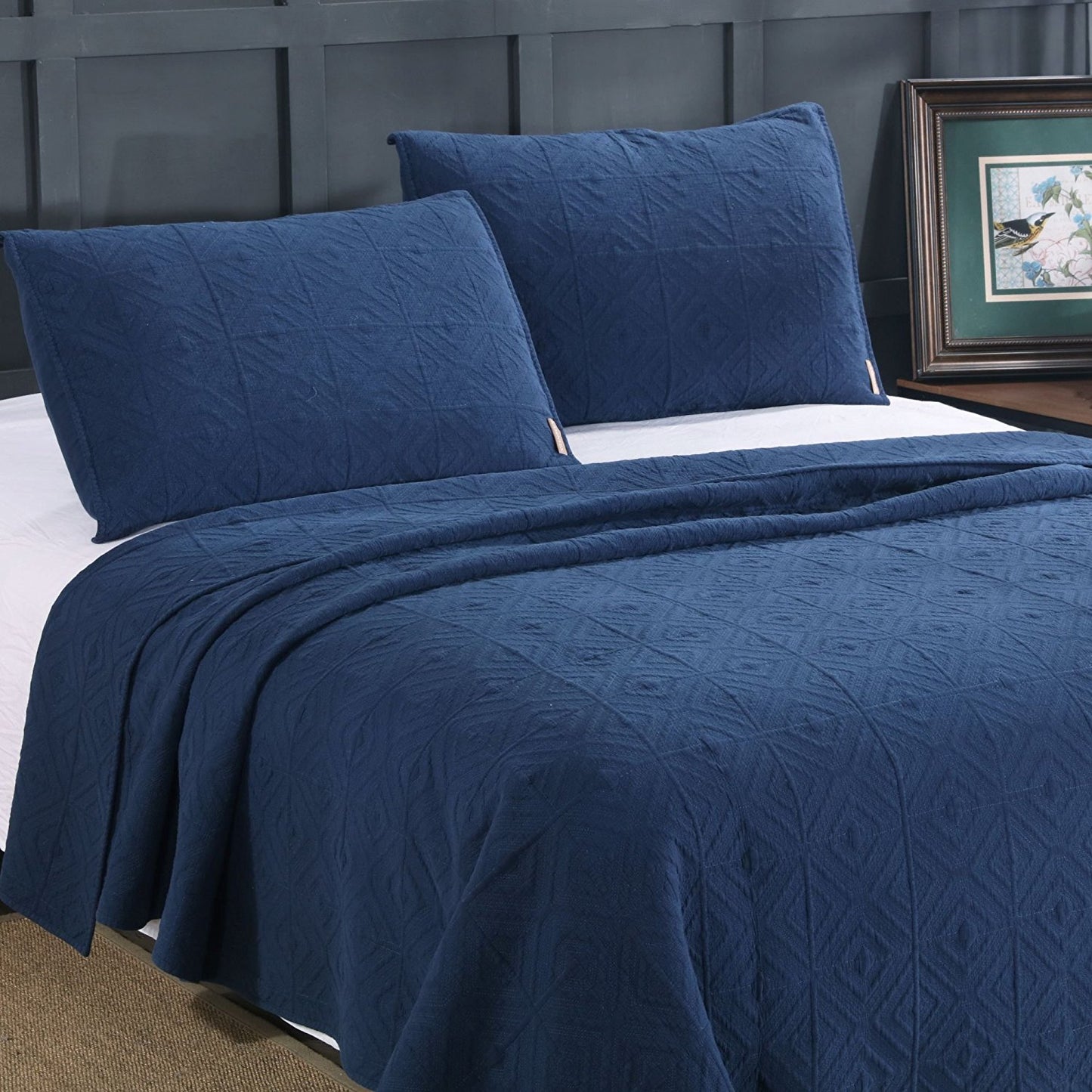 Kasentex Cozy Stonewashed Quilt Set, Navy Blue and White