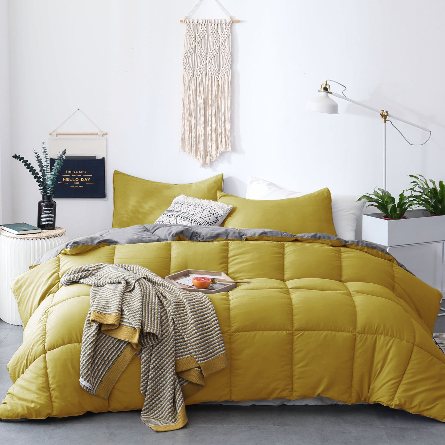 Kasentex Ultra Soft All Season Reversible Cozy Heavy Comforter Set, Yellow and Grey, Twin, Queen, King, Room Decor, Graduation Gifts