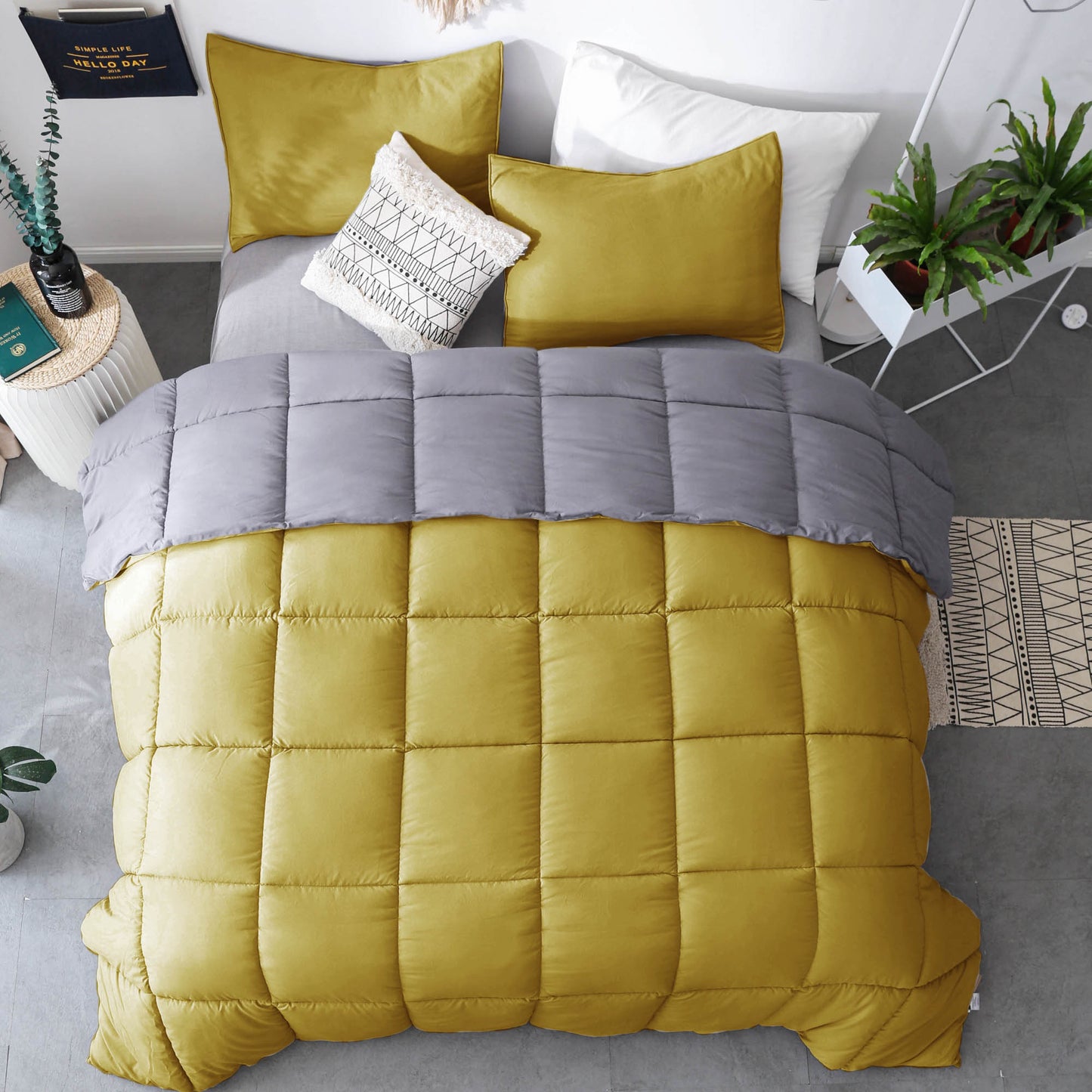 Kasentex Ultra Soft All Season Reversible Cozy Heavy Comforter Set, Yellow and Grey, Twin, Queen, King, Room Decor, Graduation Gifts