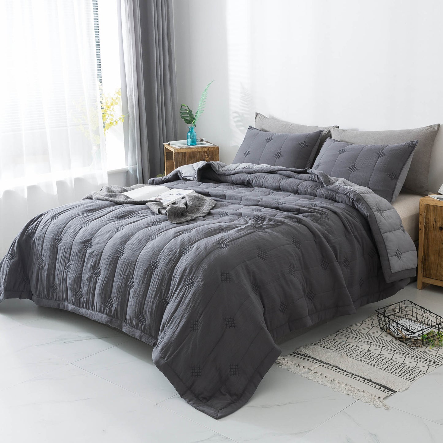 Kasentex Ultra Soft Diamond Stitch Design Quilt Set, Brown or Dark Grey, Room Decor, Graduation Gifts