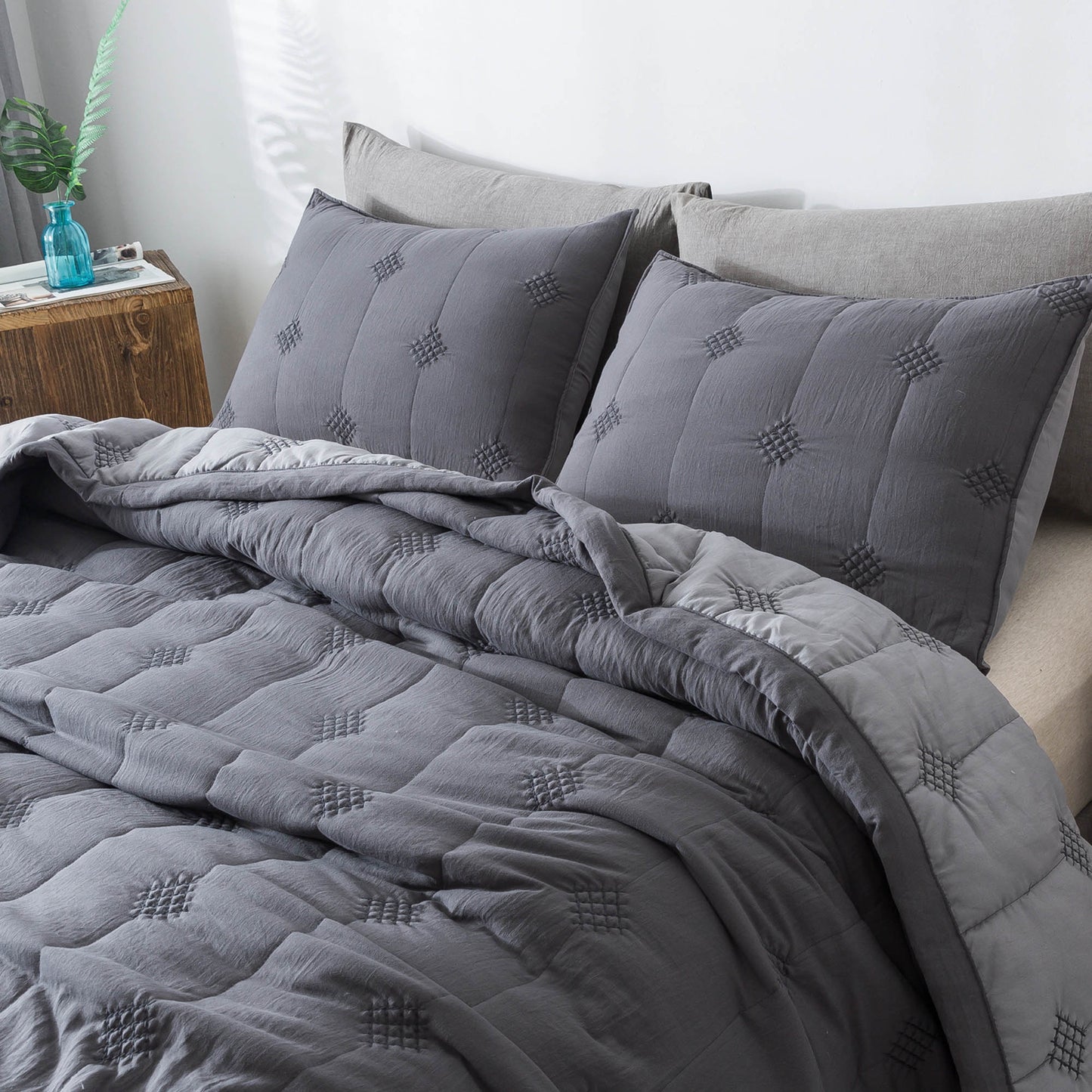 Kasentex Ultra Soft Diamond Stitch Design Quilt Set, Brown or Dark Grey, Room Decor, Graduation Gifts