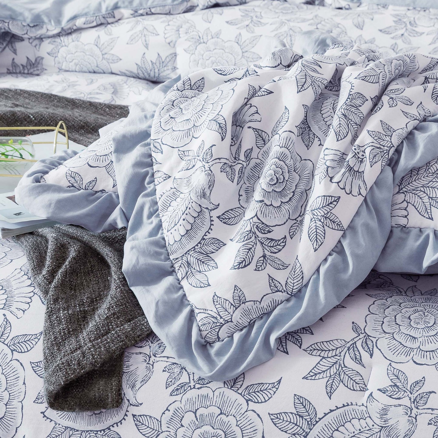 Kasentex Floral Quilted Comforter Set with Border Trim Design, Multi Blue, Room Decor, Graduation Gifts