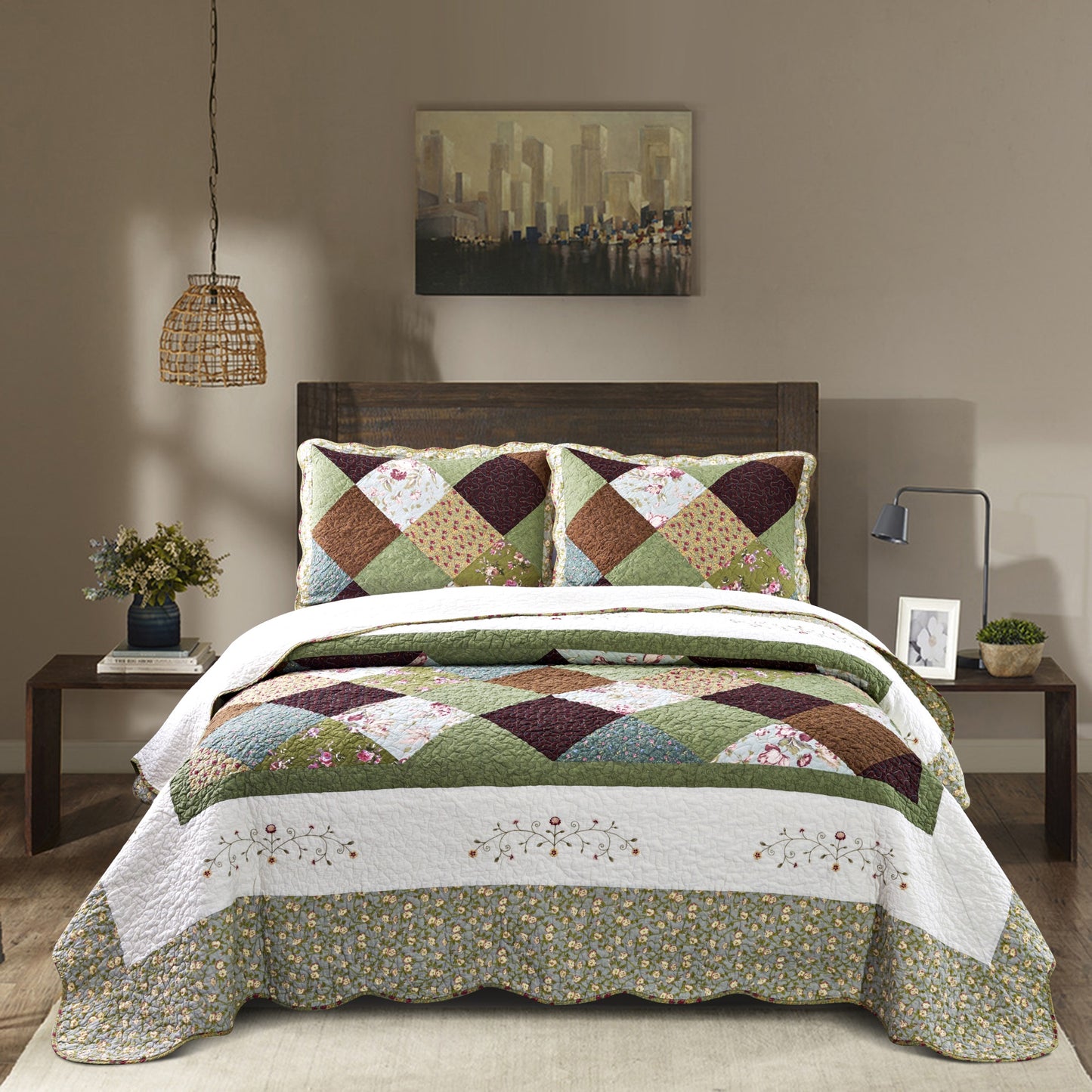 Kasentex Ultra Soft Floral Cotton Quilt with Decorative Patchwork, Boho Multicolor, Twin, Queen, King, Room Decor, Graduation Gifts