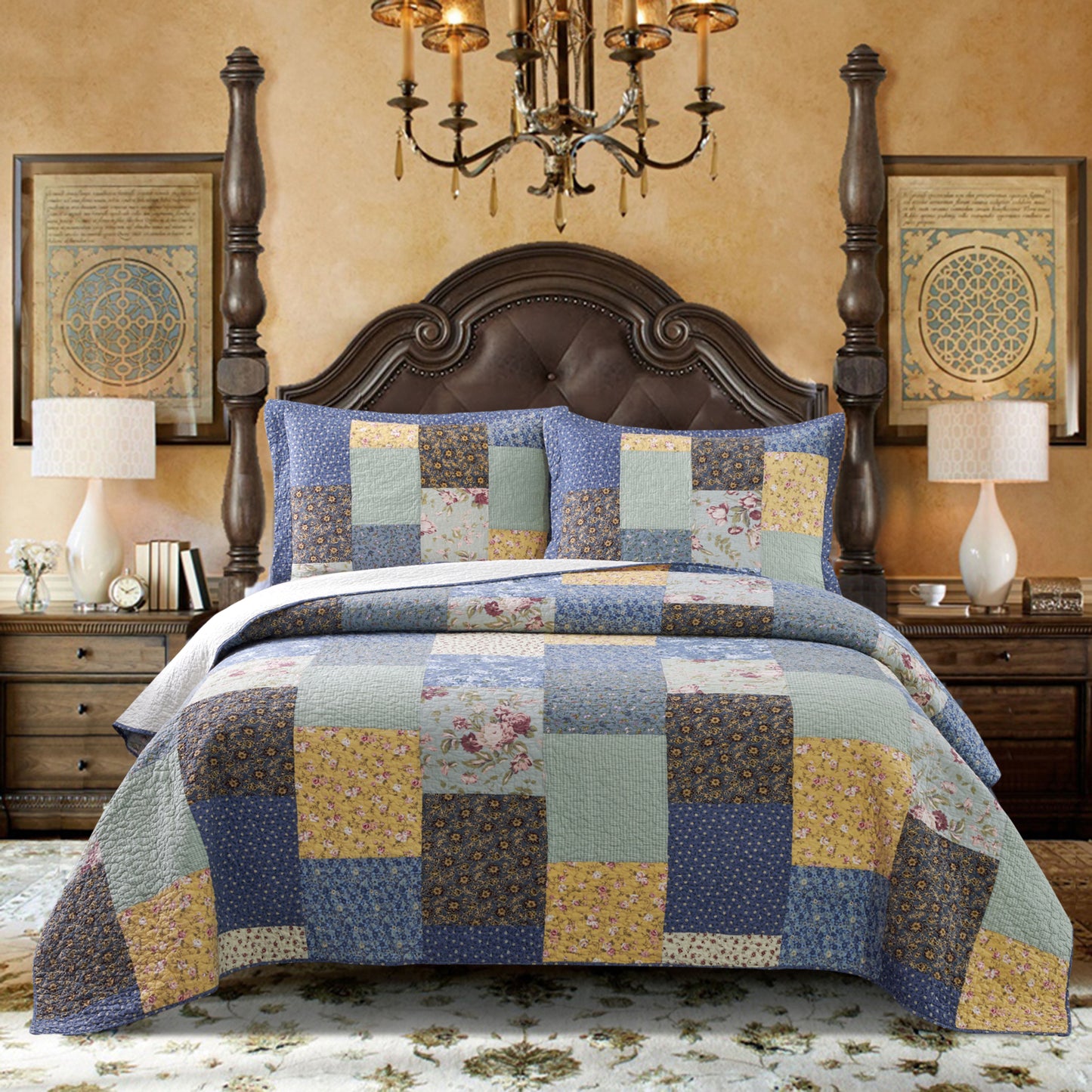 Kasentex Ultra Soft Floral Cotton Quilt with Decorative Patchwork, Boho Multicolor, Twin, Queen, King, Room Decor, Graduation Gifts