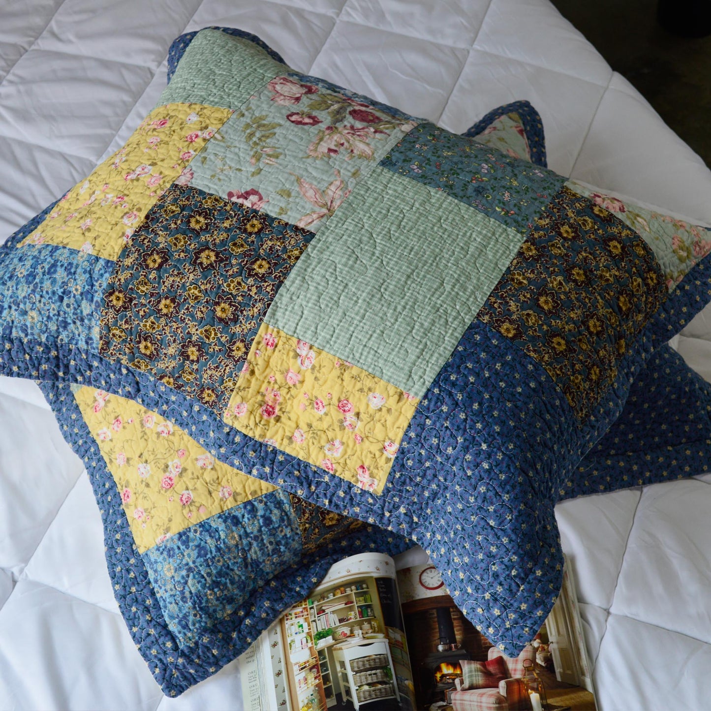 Kasentex 100% Cotton Boho Style Summer King Size Quilt Pillow Sham, Multi-Blue, Room Decor, Graduation Gifts