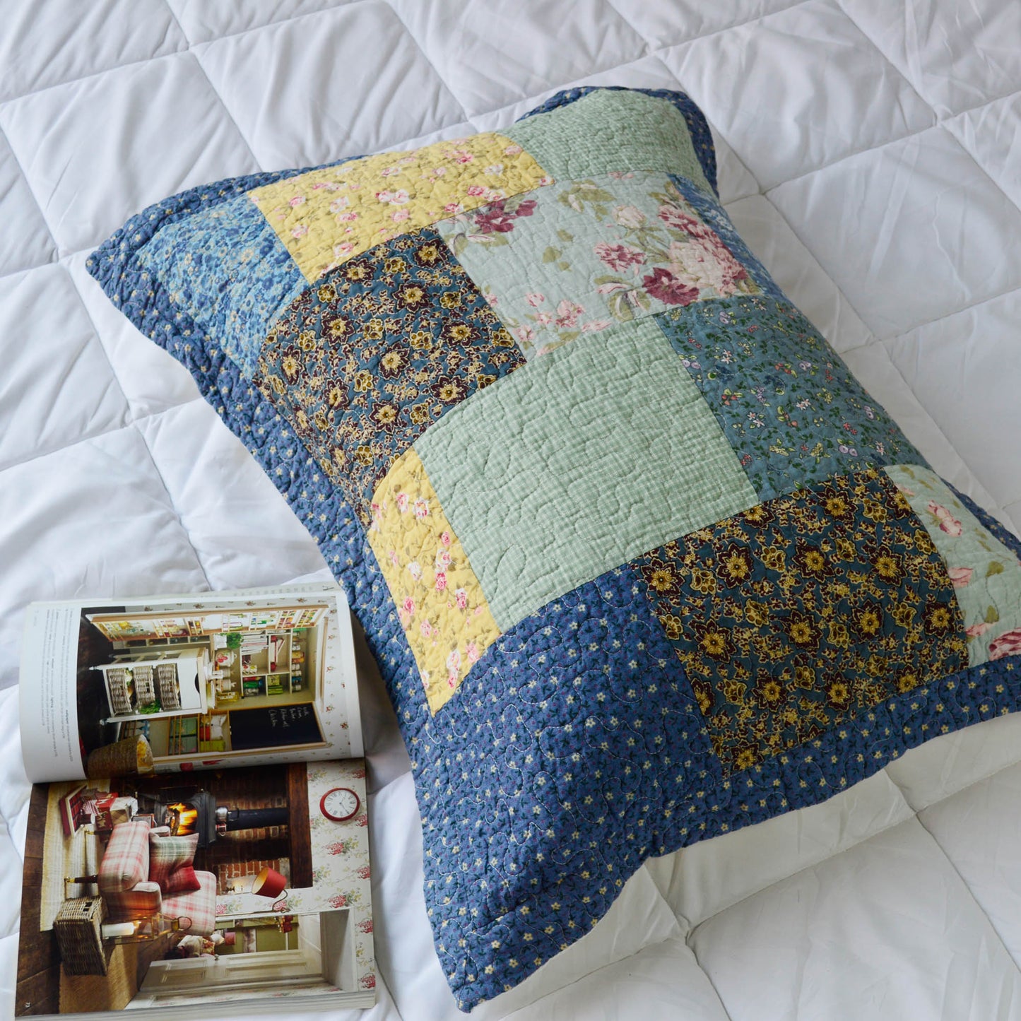 Kasentex 100% Cotton Boho Style Summer King Size Quilt Pillow Sham, Multi-Blue, Room Decor, Graduation Gifts