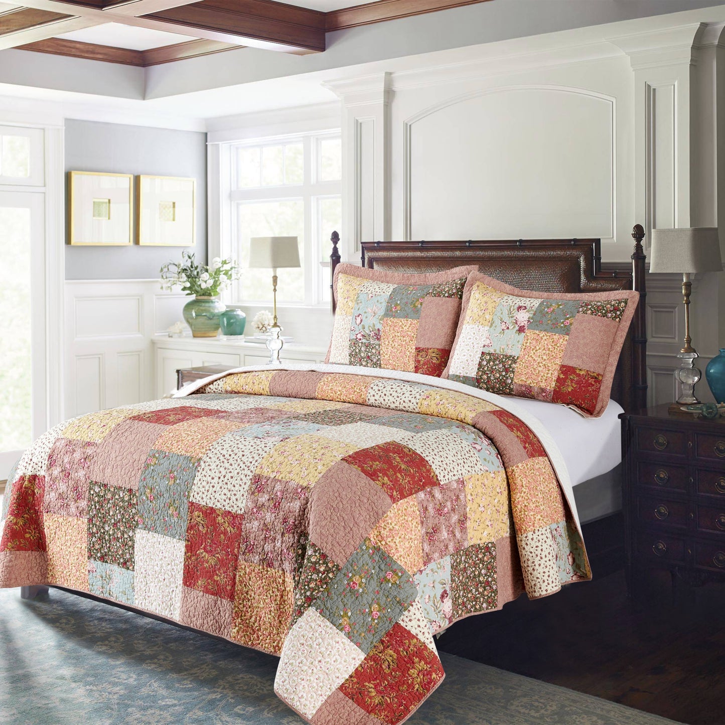 Kasentex Ultra Soft Floral Cotton Quilt with Decorative Patchwork, Boho Multicolor, Twin, Queen, King, Room Decor, Graduation Gifts