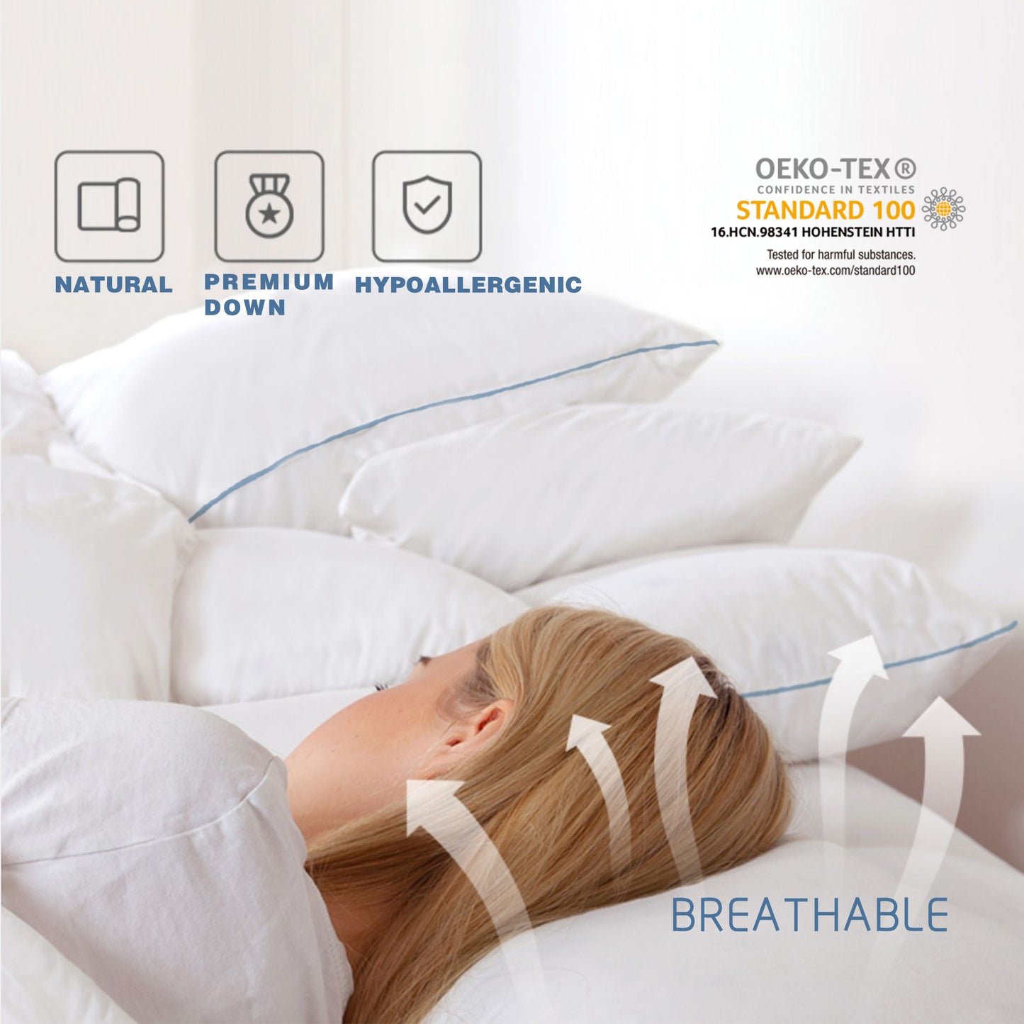 Kasentex Silky Blue Piped Edge King Goose Down Feather Pillow for Bed, White