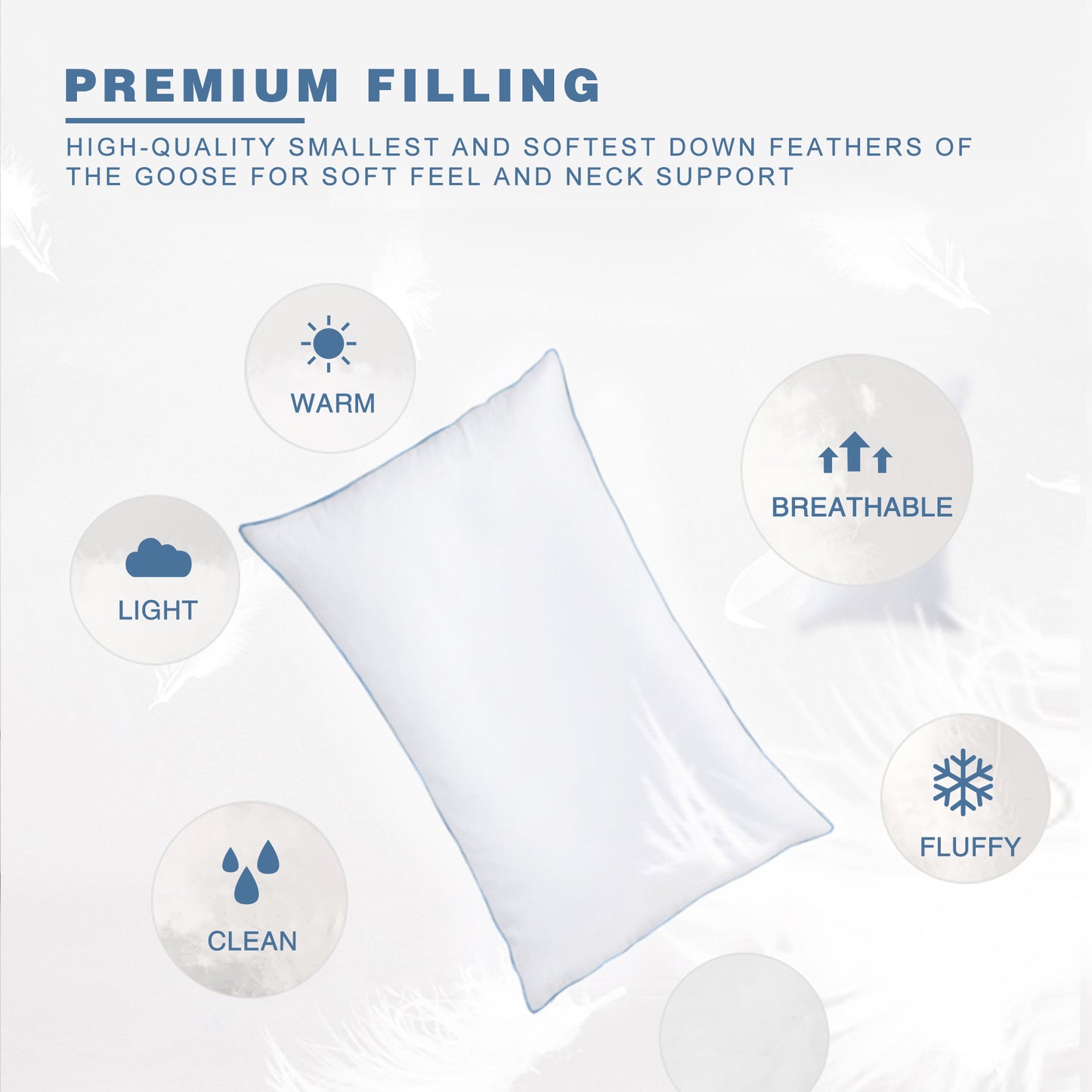 Kasentex Silky Blue Piped Edge King Goose Down Feather Pillow for Bed, White