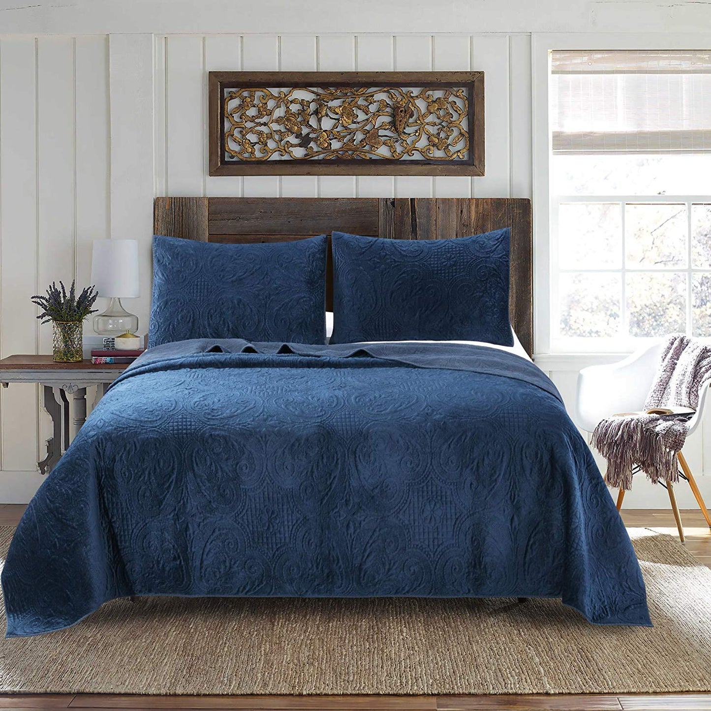 Kasentex Stonewashed Embroidered Floral Design Quilt Set with Pillow Shams, Grey or Blue