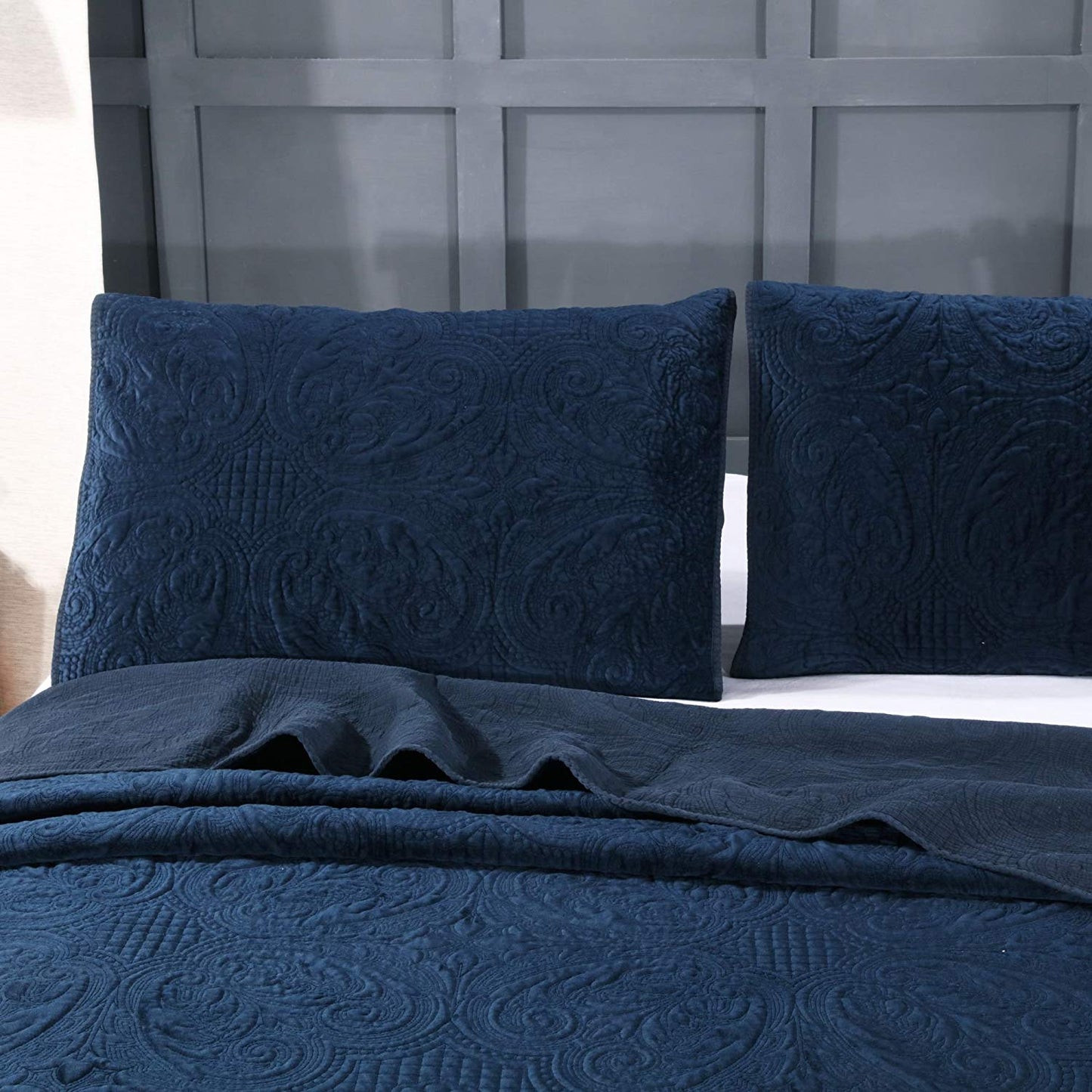 Kasentex Stonewashed Embroidered Floral Design Quilt Set with Pillow Shams, Grey or Blue