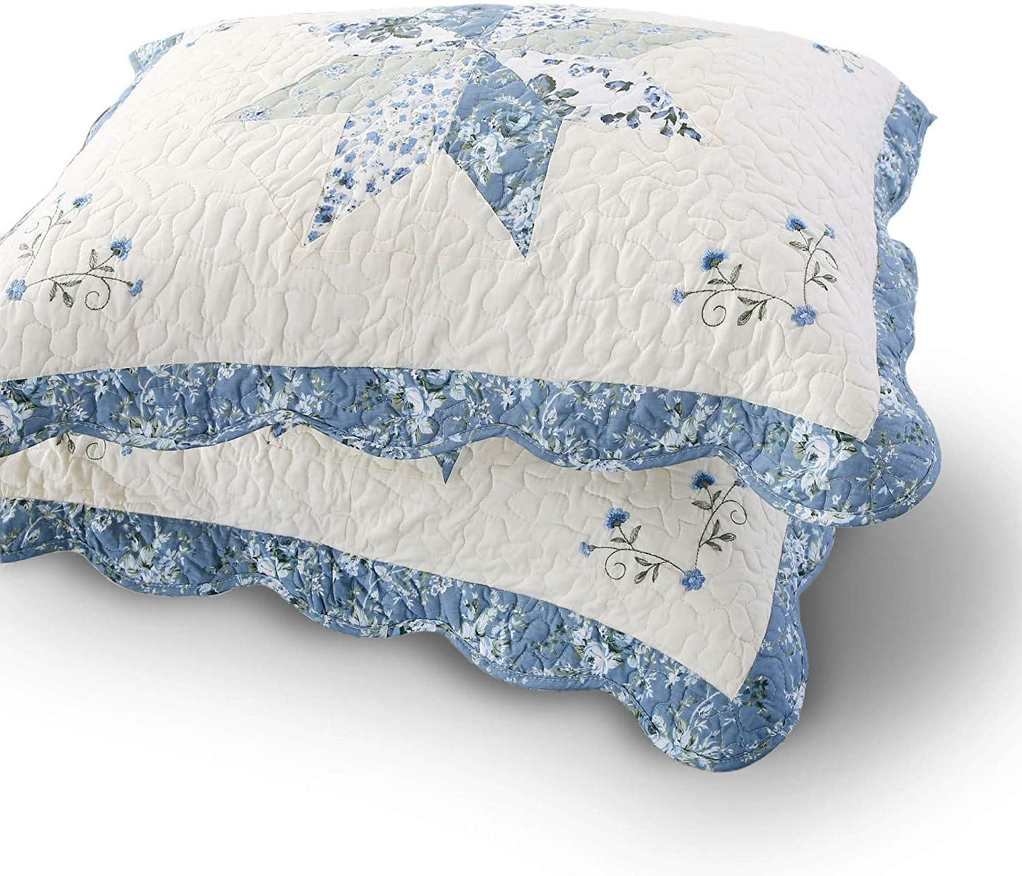 Kasentex 100% Cotton Star Design Patchwork Embroidered Pillow Sham Set, Blue, King Size