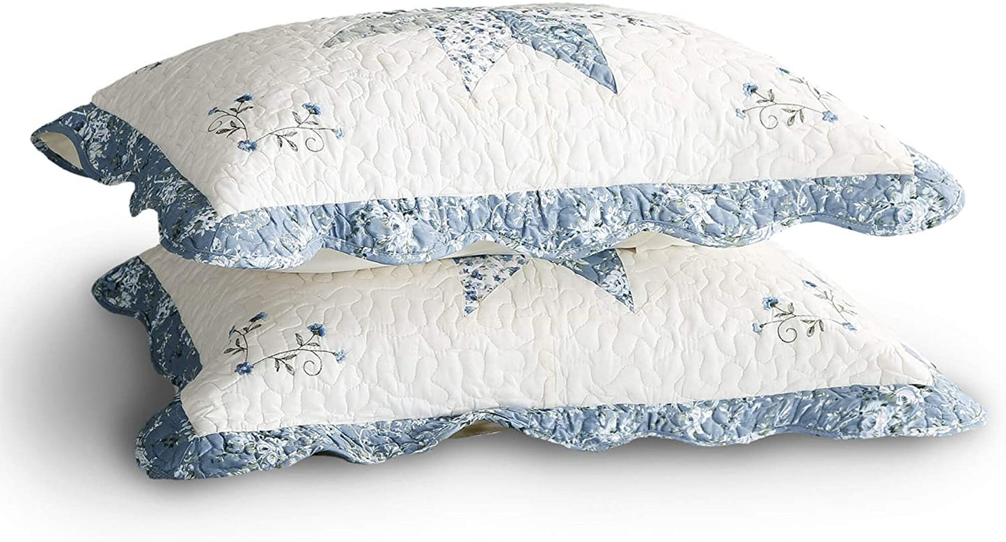 Kasentex 100% Cotton Star Design Patchwork Embroidered Pillow Sham Set, Blue, King Size