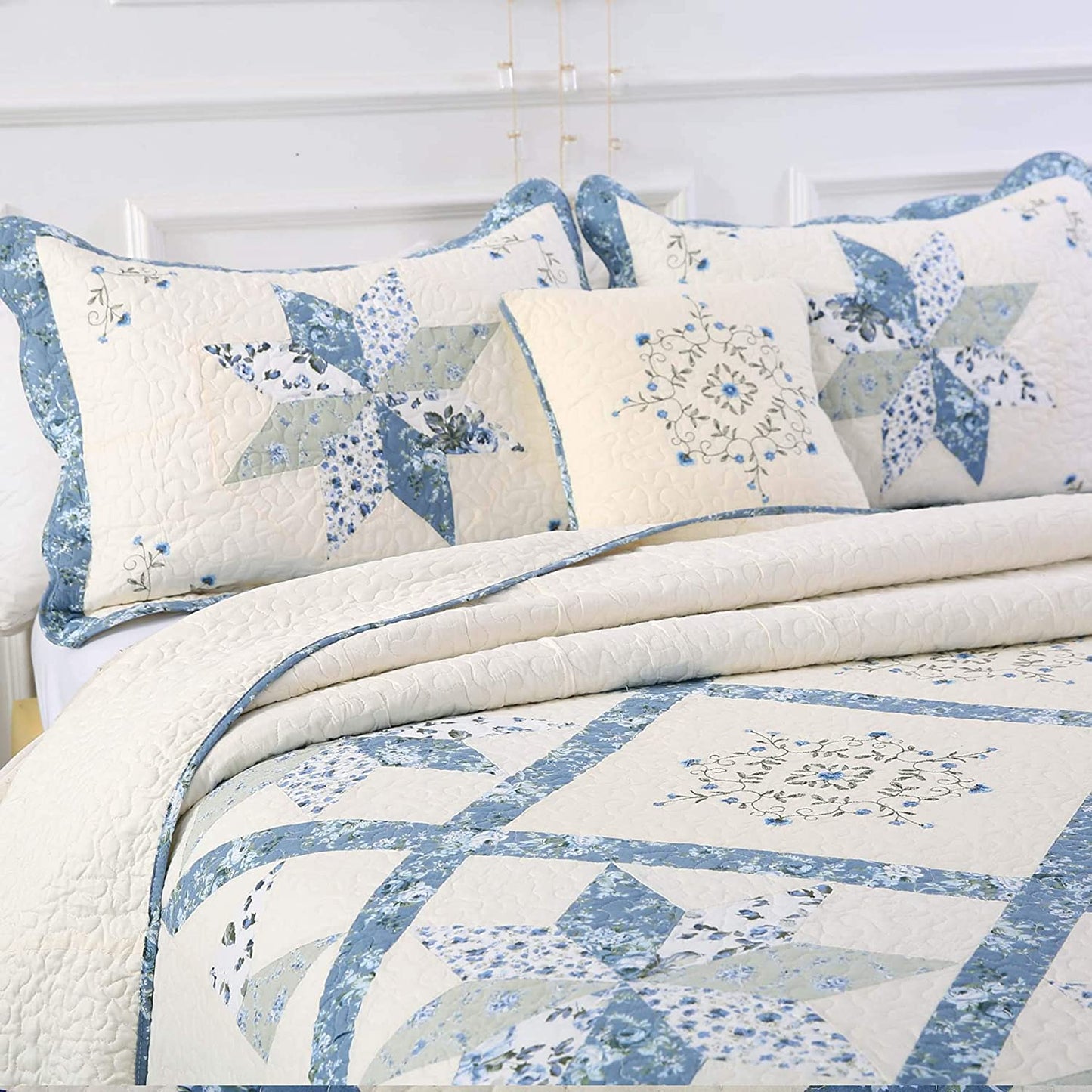 Kasentex 100% Cotton Star Design Patchwork Embroidered Pillow Sham Set, Blue, King Size