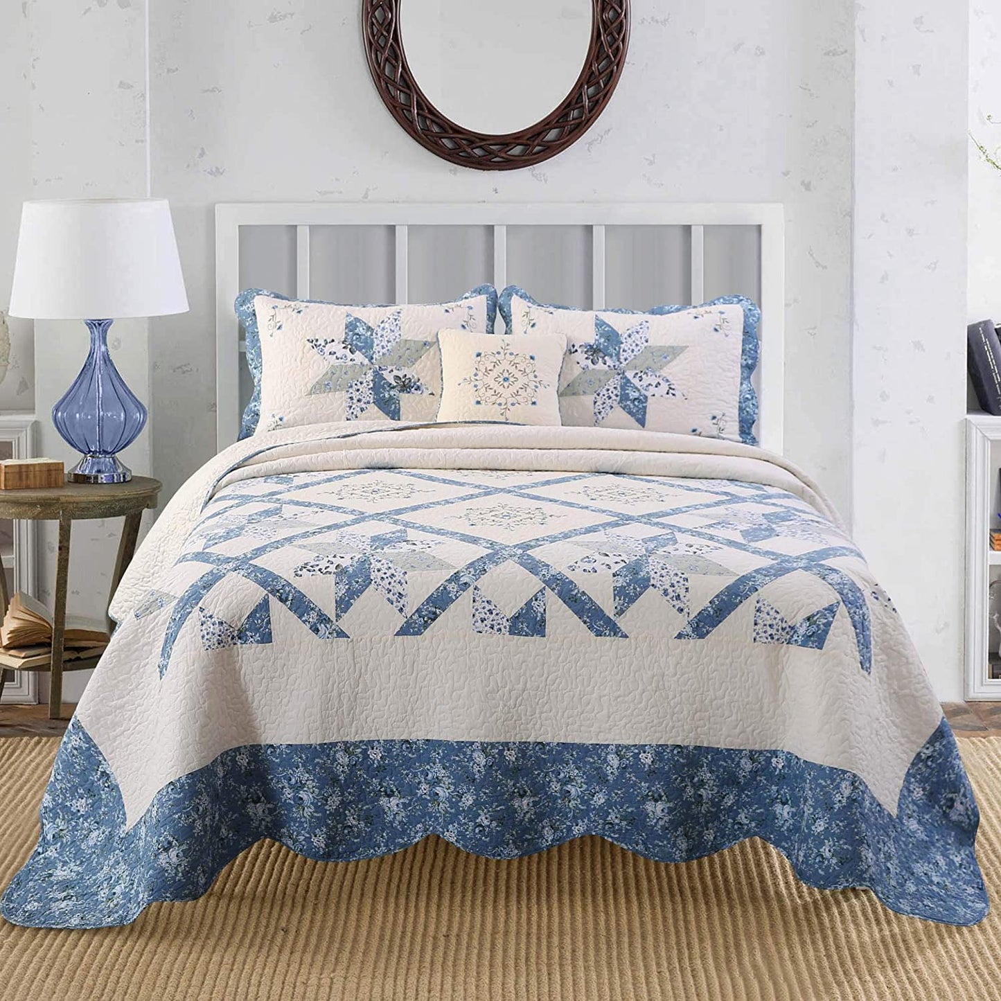 Kasentex 100% Cotton Star Design Patchwork Embroidered Pillow Sham Set, Blue, King Size