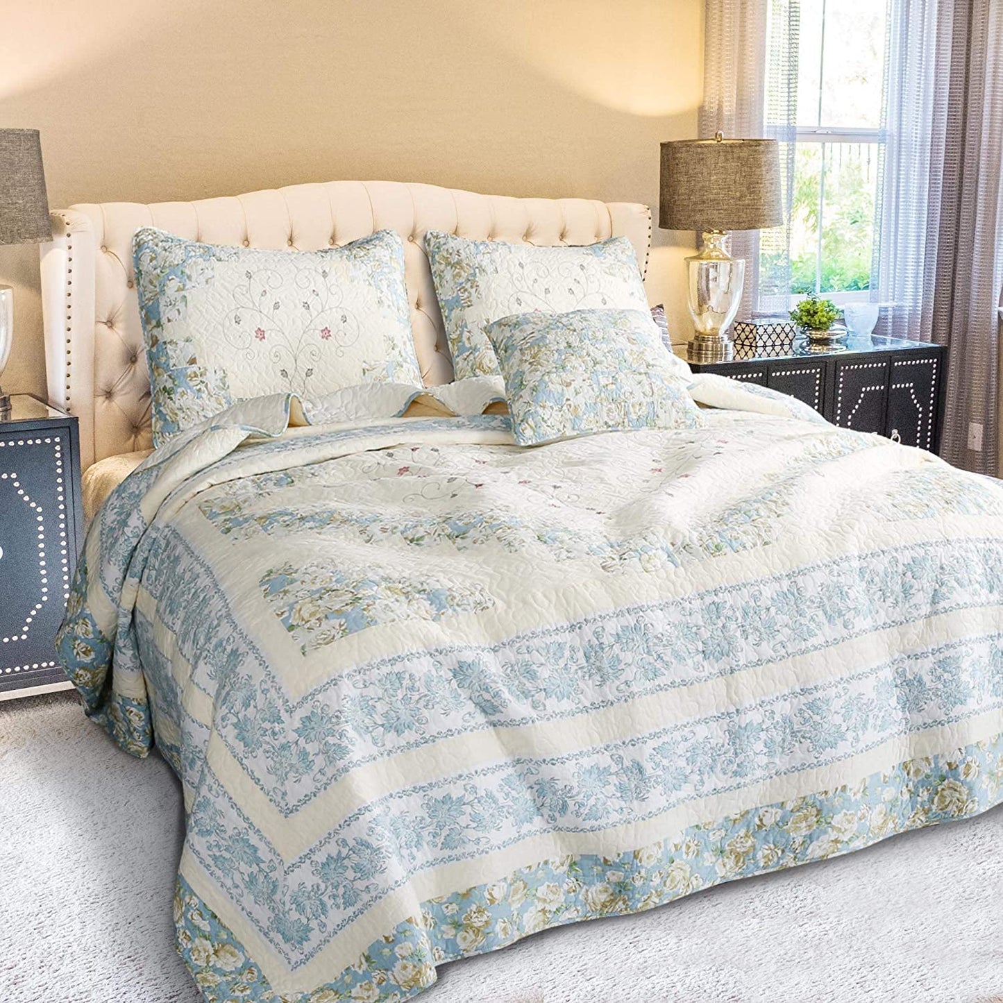 Kasentex 100% Cotton Floral Patchwork Pillow Sham Set, Blue and Beige