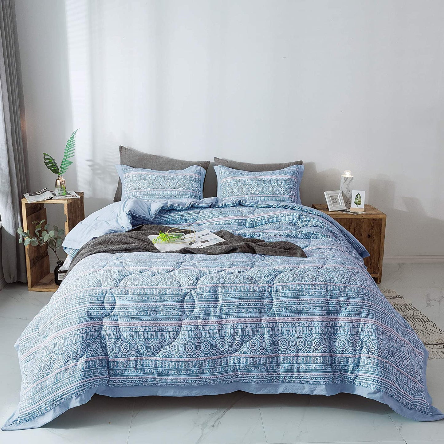 Kasentex Floral Quilted Comforter Set with Border Trim Design, Multi Blue, Room Decor, Graduation Gifts