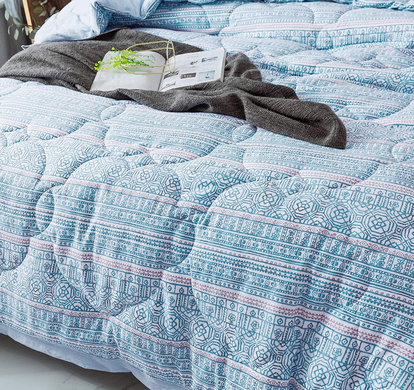 Kasentex Floral Quilted Comforter Set with Border Trim Design, Multi Blue, Room Decor, Graduation Gifts